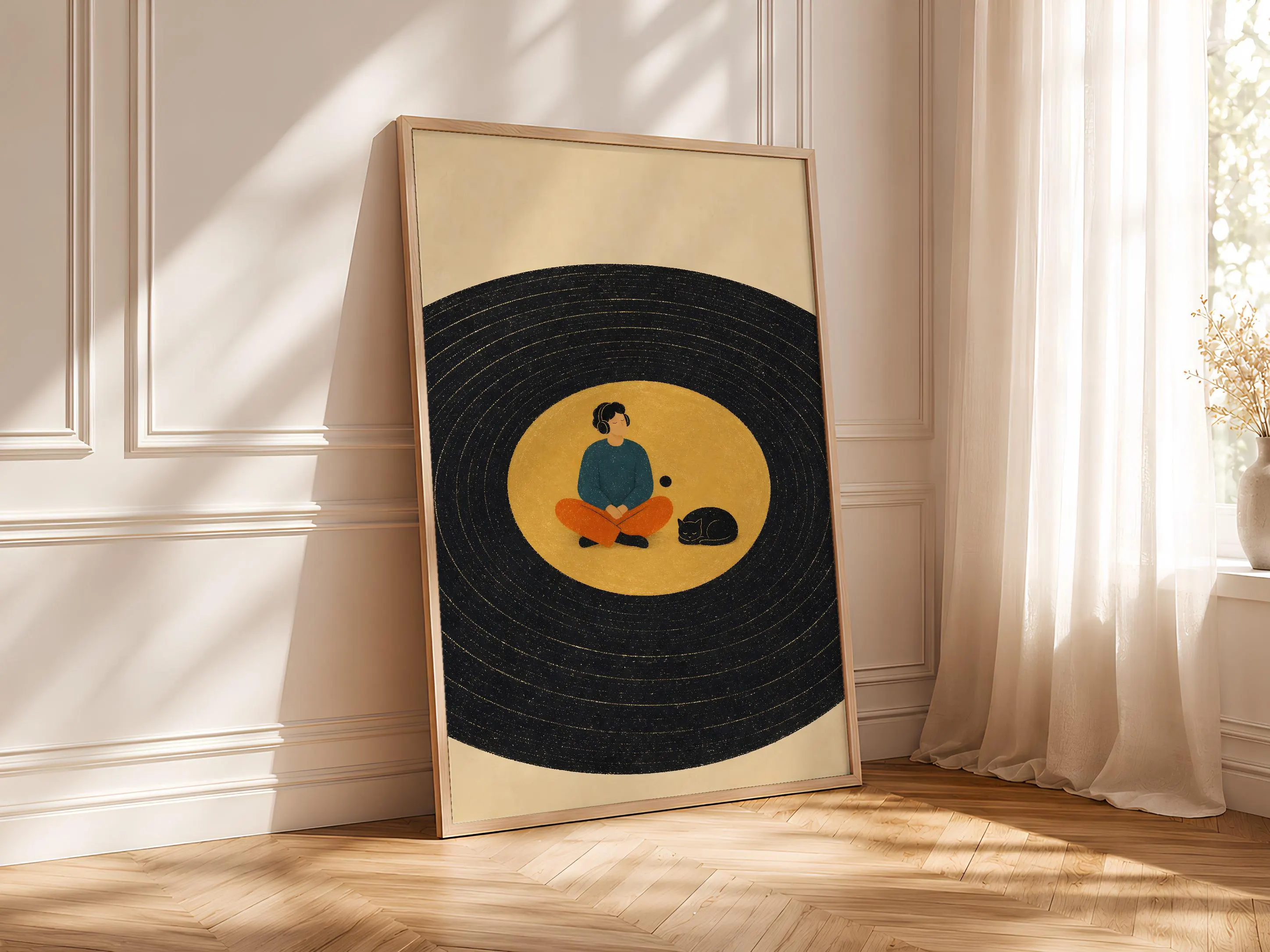 Vinyl Record Cat Print, Music Lover Wall Art, Retro Vinyl Poster, Cozy Cat Decor, Housewarming Gift – Calm Wall Art by Artsify thumbnail 4