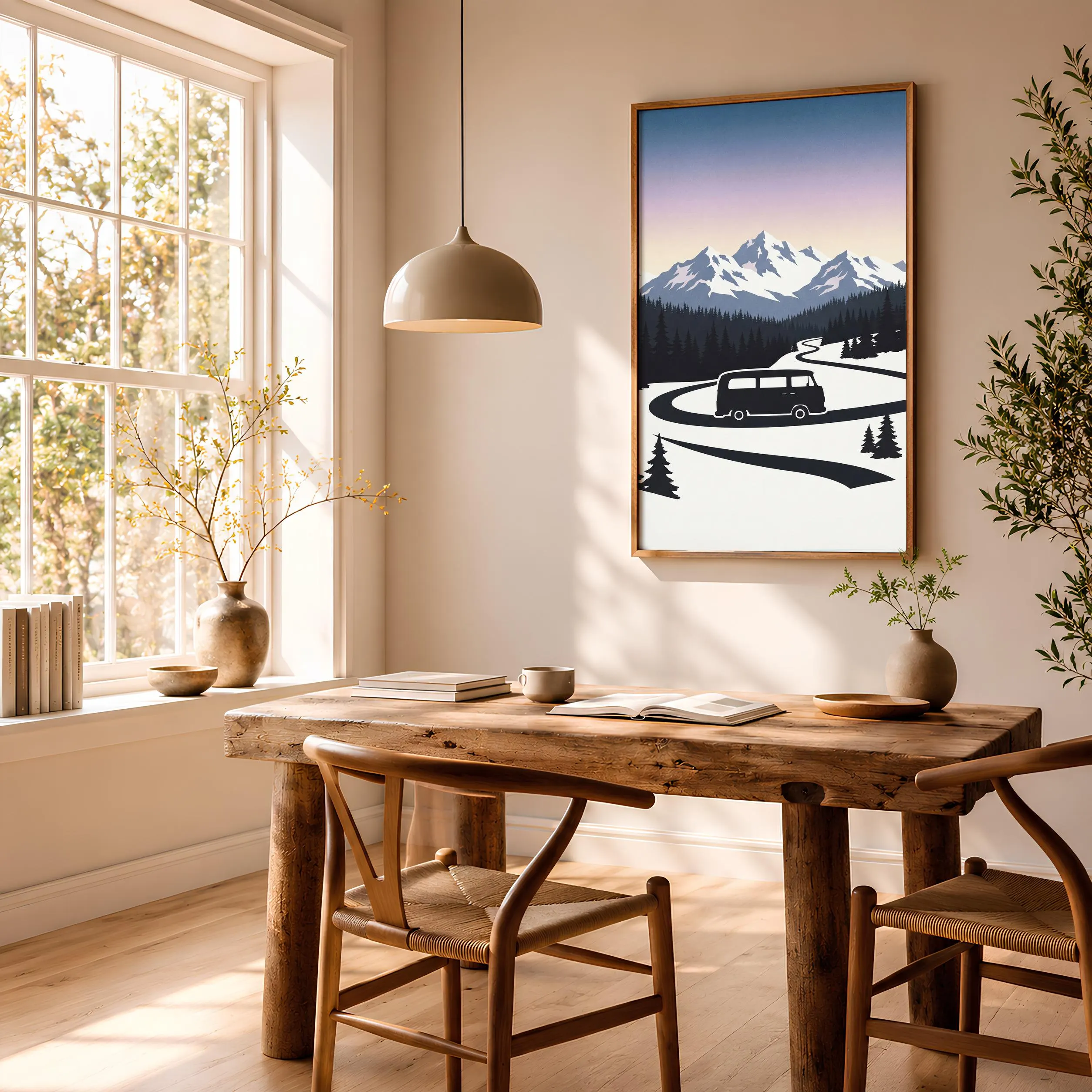 Retro Camper Van Print, Snowy Mountain Poster, Lavender Wall Art, Vanlife Decor, Housewarming Gift – Calm Wall Art by Artsify thumbnail 2