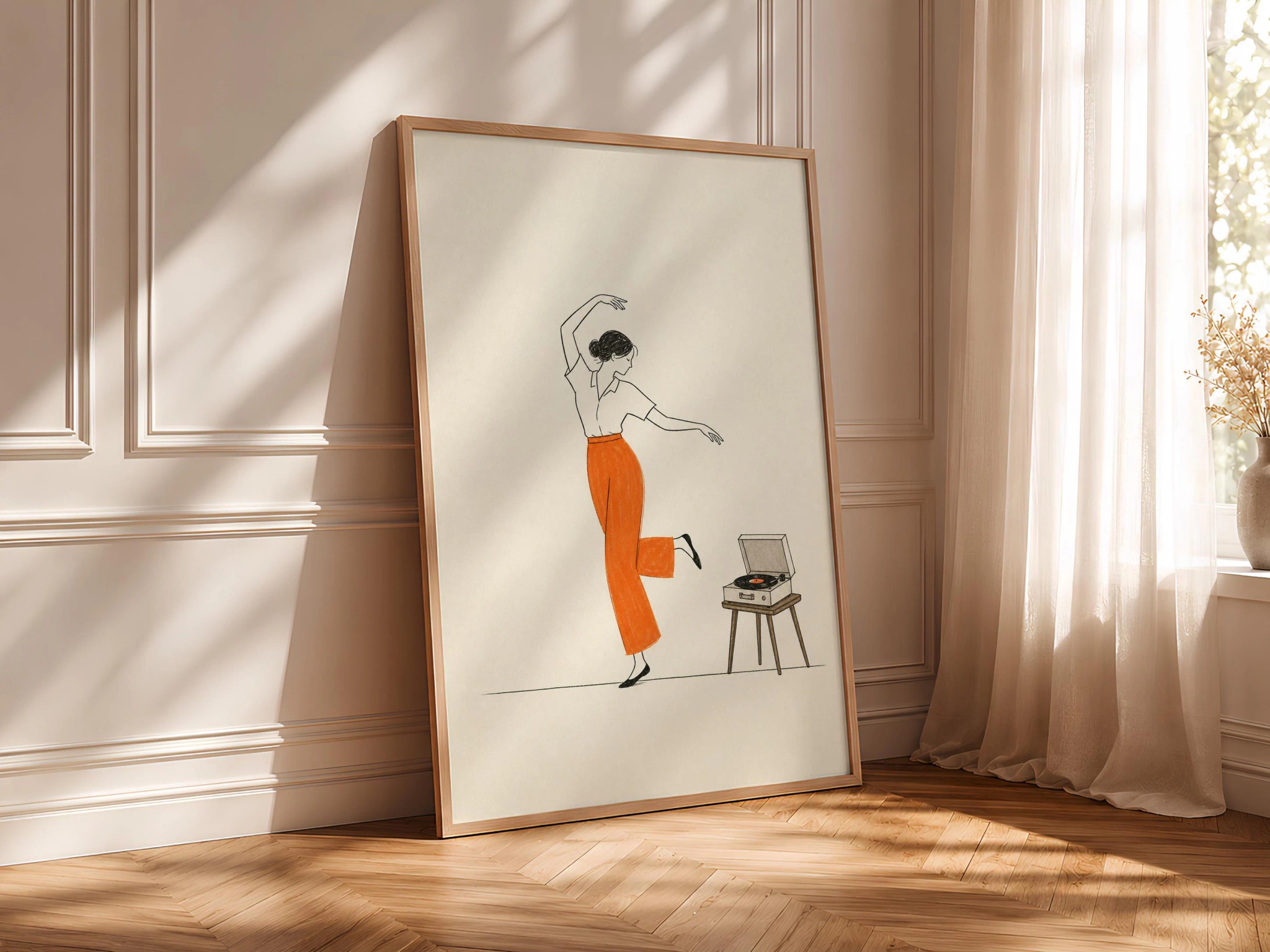 Retro Dancing Woman Print, Mid Century Record Player Wall Art, Orange Music Poster, Minimalist Line Art Decor, Housewarming Gift – Calm Wall Art by Artsify thumbnail 4