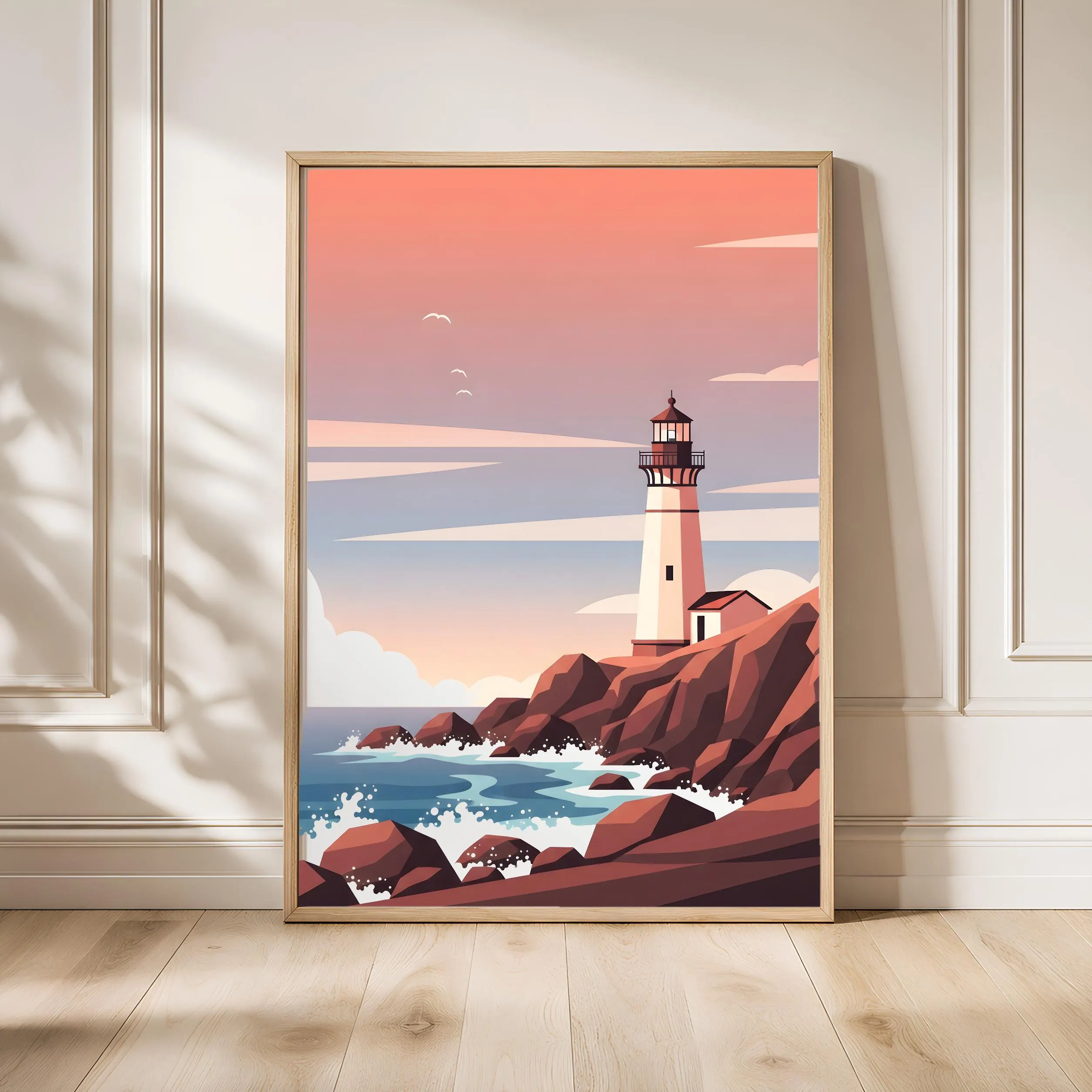Lighthouse Coast Print, Rocky Cliff Poster, Coastal Wall Art, Living Room Decor, Housewarming Gift – Calm Wall Art by Artsify