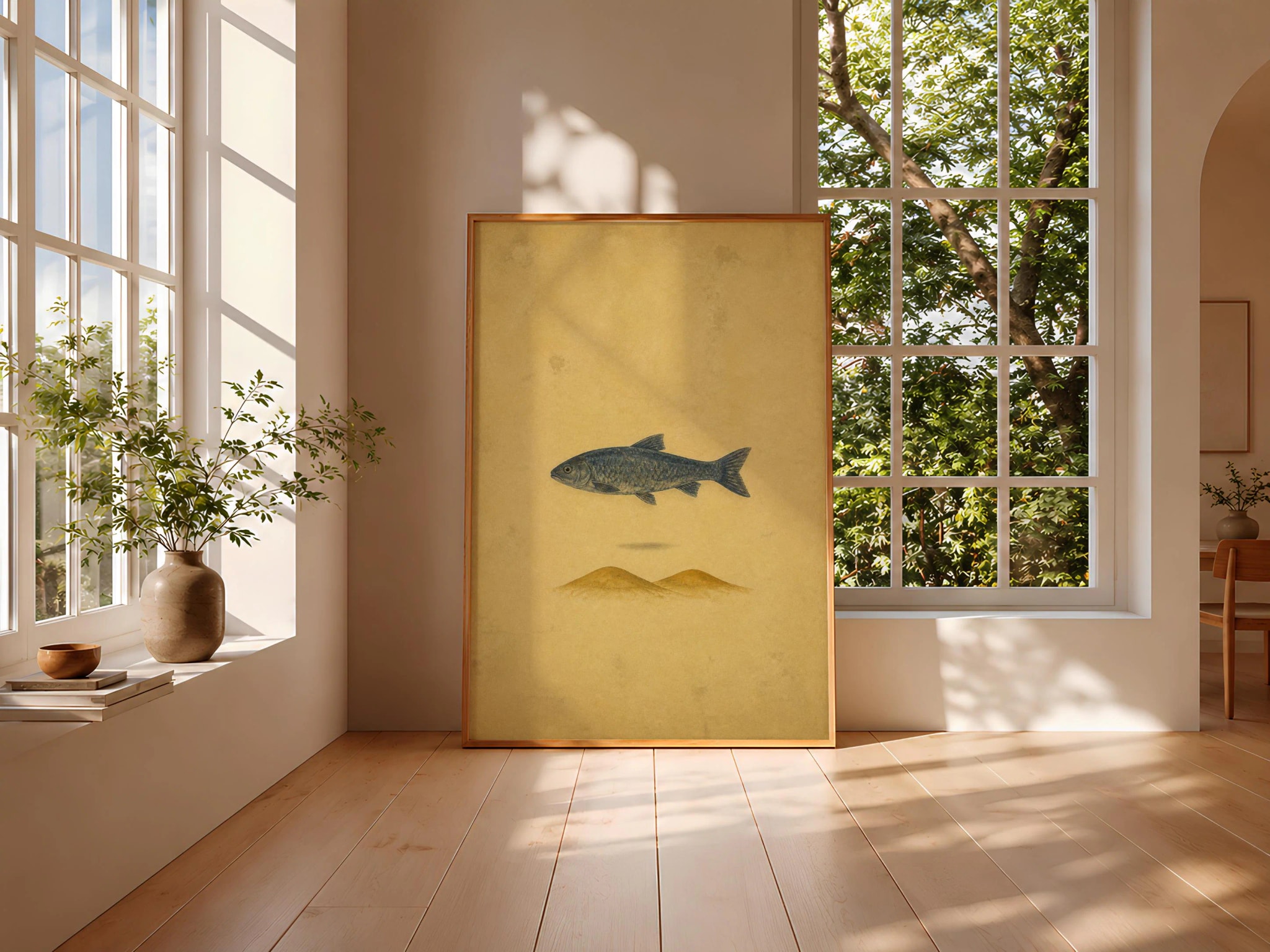 Surreal Desert Fish Wall Art, Minimal Folk Animal Poster, Indigo and Ochre – Calm Wall Art by Artsify thumbnail 3