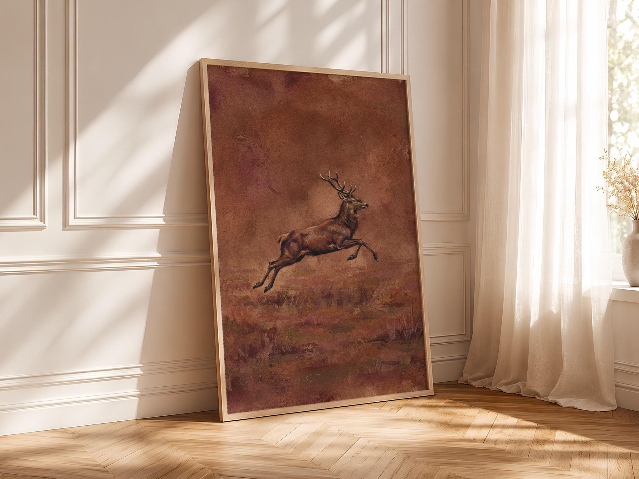 Leaping Stag Wall Art, Rust Minimalist Deer Painting, Vintage Woodland Print, Housewarming Gift – Calm Wall Art by Artsify thumbnail 4