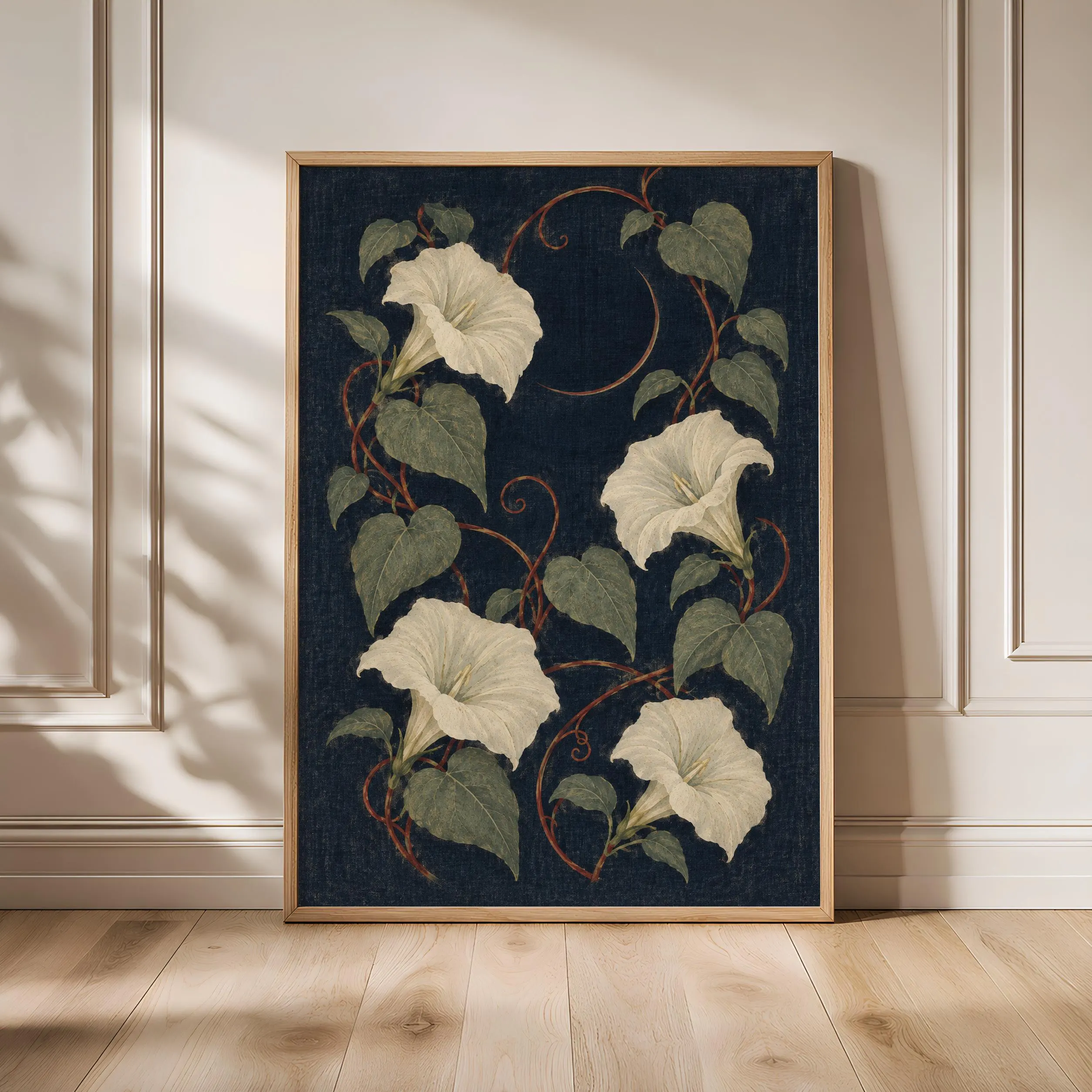 Moonflower Night Garden Wall Art, Indigo Arts and Crafts Botanical Print – Calm Wall Art by Artsify
