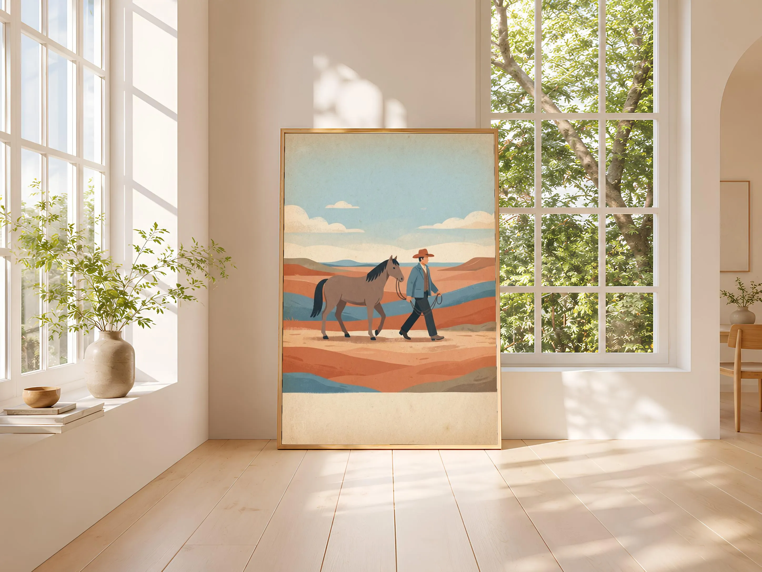 Cowboy Walking Horse Print, Western Folk Art Poster, Terracotta Wall Art, Housewarming Gift – Calm Wall Art by Artsify thumbnail 3