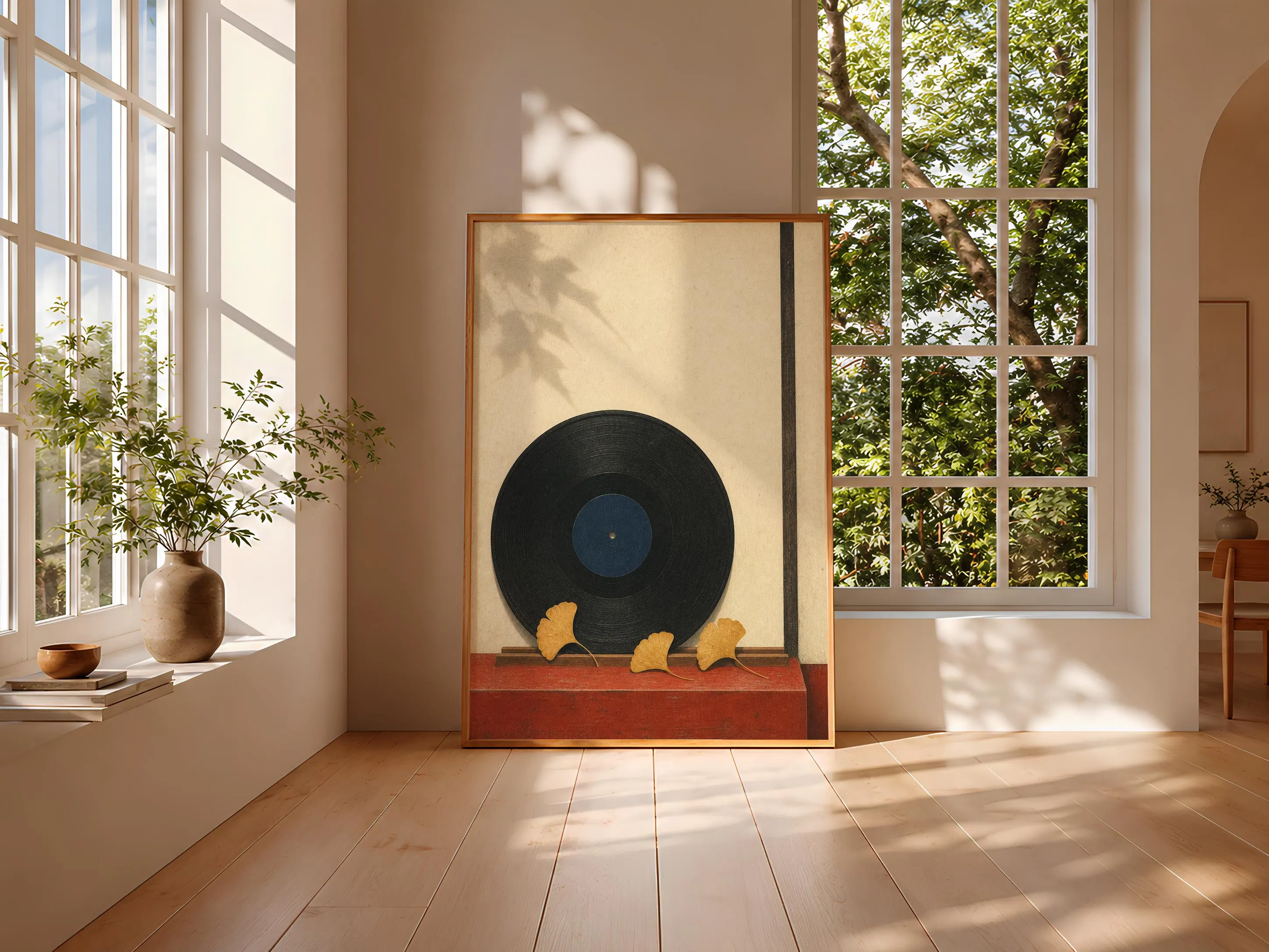 Ginkgo Vinyl Record Print, Japanese Botanical Wall Art, Minimalist Music Poster, Japandi Autumn Decor, Housewarming Gift – Calm Wall Art by Artsify thumbnail 3