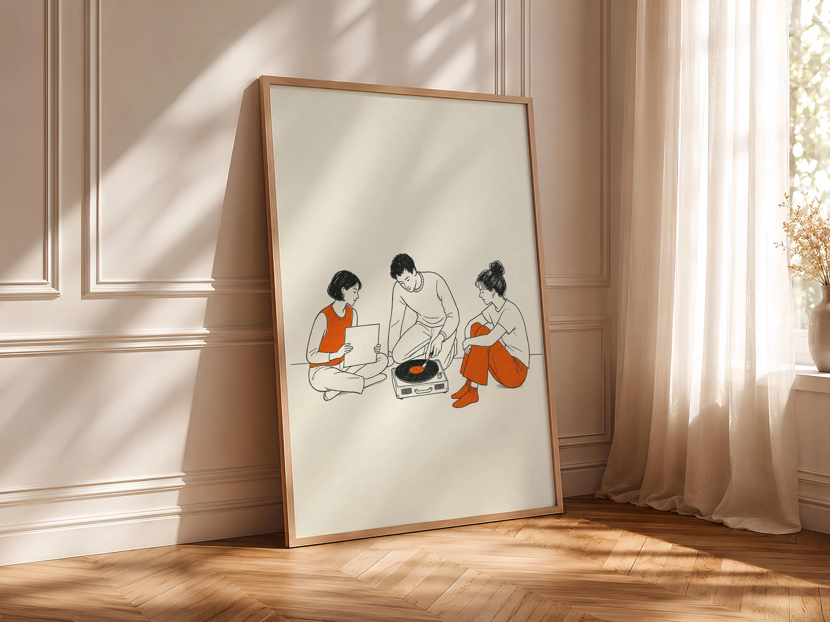 Retro Friends Vinyl Print, Mid Century Record Player Wall Art, Orange Music Poster, Minimalist Line Art Decor, Housewarming Gift – Calm Wall Art by Artsify thumbnail 4