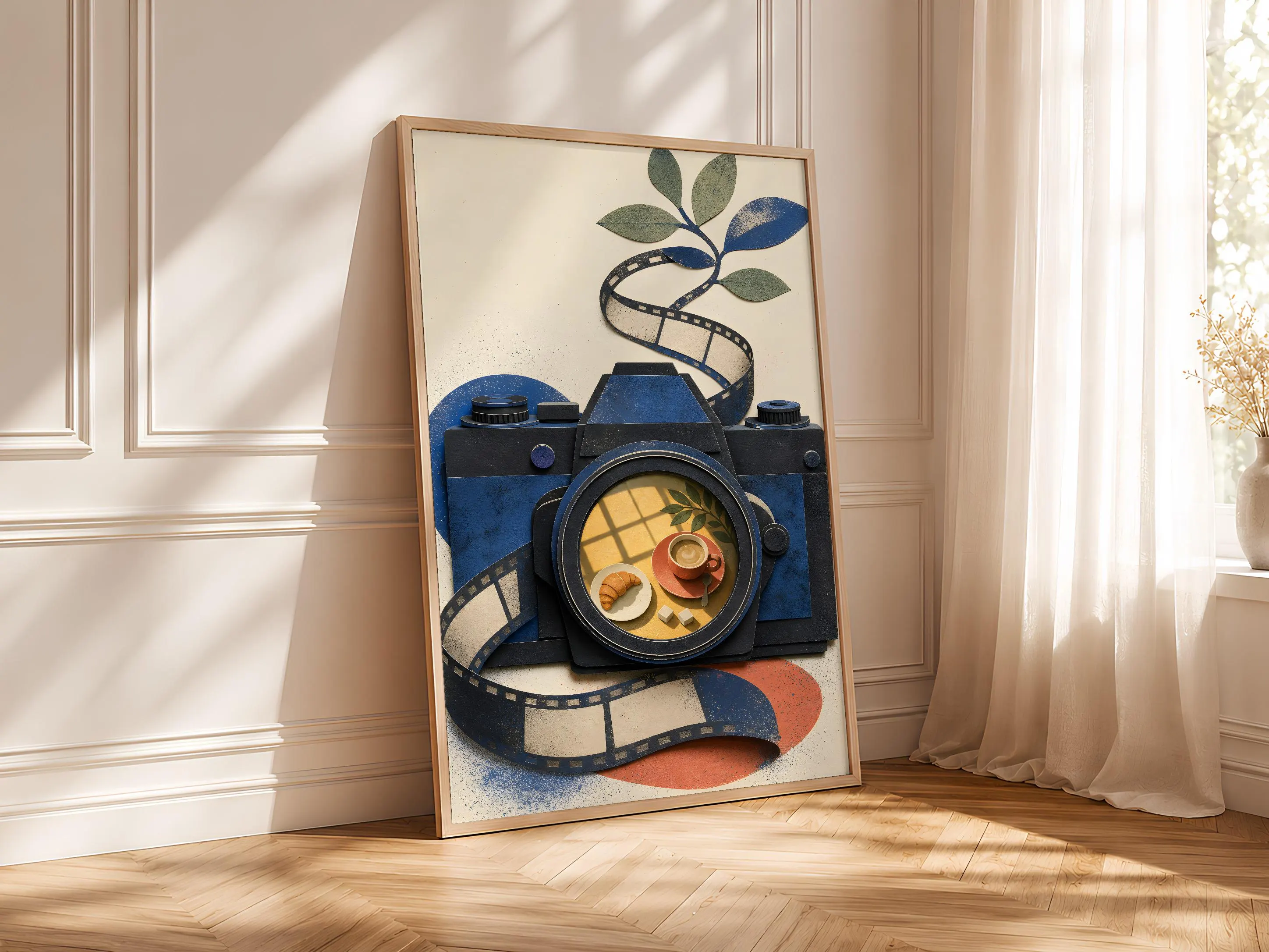 Vintage Camera Print, Coffee and Croissant Wall Art, Paper Cut Style Poster, Cafe Lover Gift, Housewarming Gift – Calm Wall Art by Artsify thumbnail 4