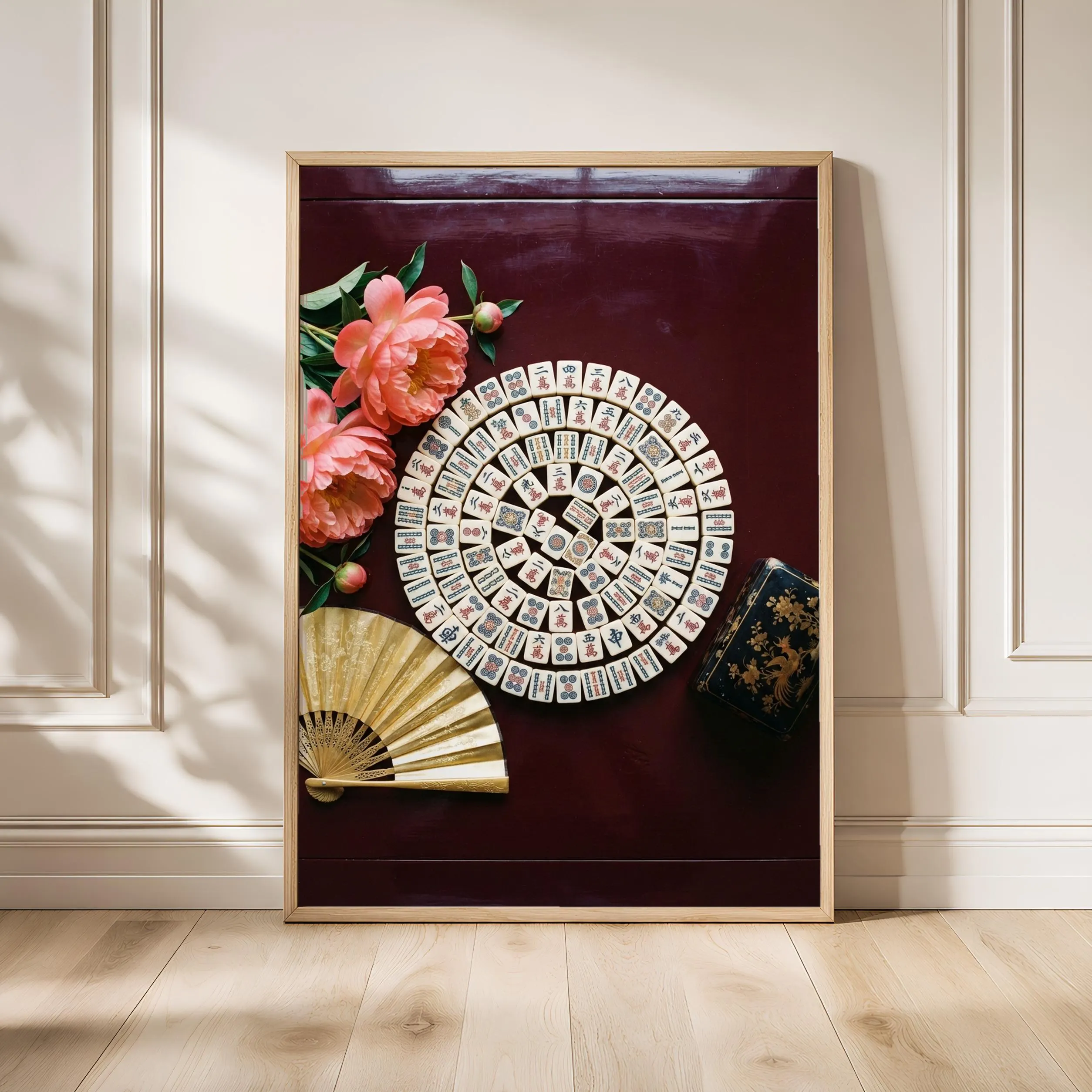 Mahjong Peony Still Life Print, Chinoiserie Game Room Poster, Burgundy Wall Art, Housewarming Gift – Calm Wall Art by Artsify