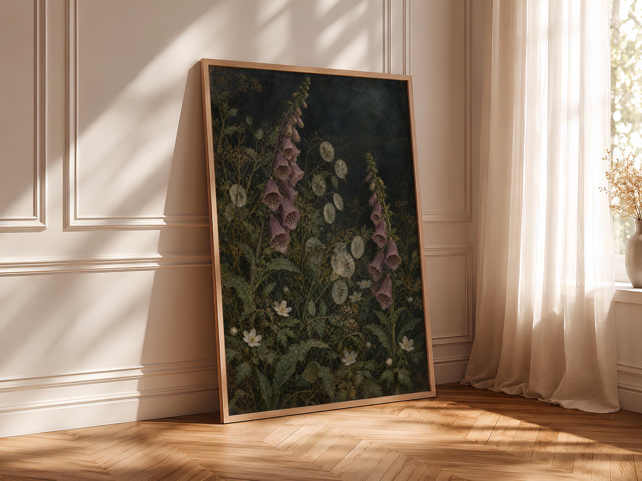 Foxglove and Honesty Wall Art, Moody Night Garden Oil Painting, Dark Academia Decor – Calm Wall Art by Artsify thumbnail 4