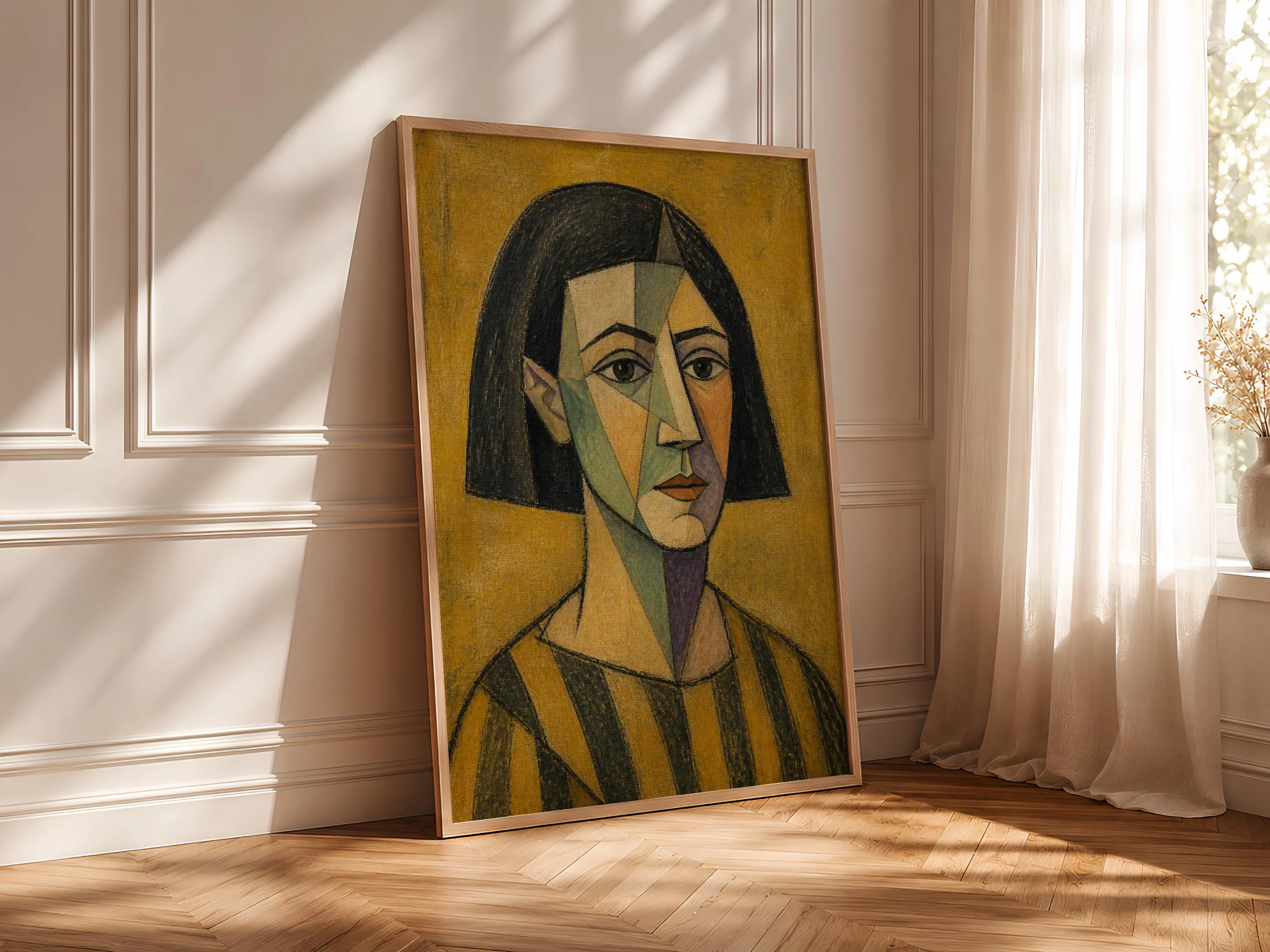 Jade Cubist Woman Portrait Print, Striped Smock Abstract Face Art, Mustard Wall Decor – Calm Wall Art by Artsify thumbnail 4