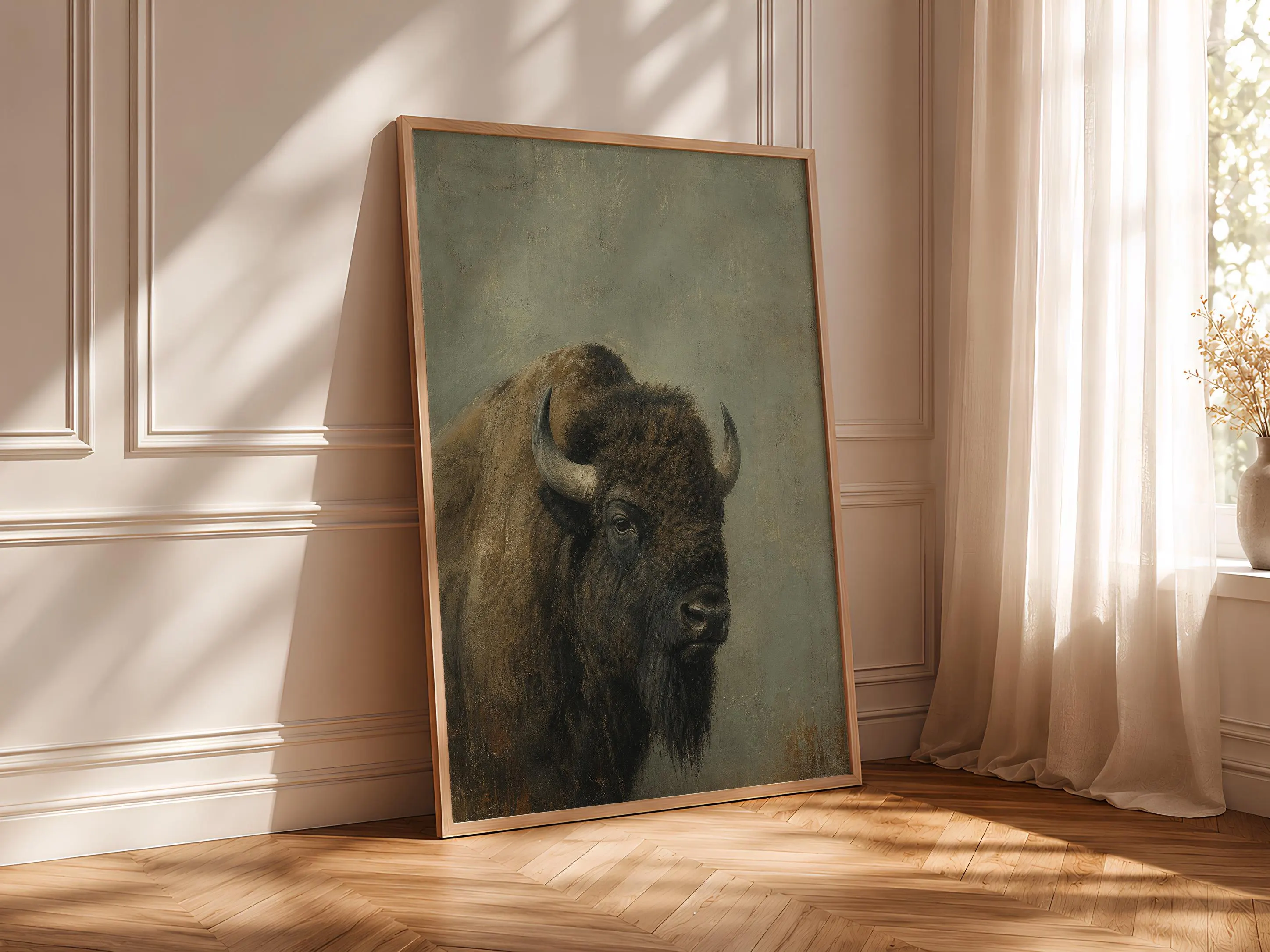Bison Portrait Painting Print, Western Wildlife Wall Art, Sage Rustic Poster, Farmhouse Animal Decor, Housewarming Gift – Calm Wall Art by Artsify thumbnail 4