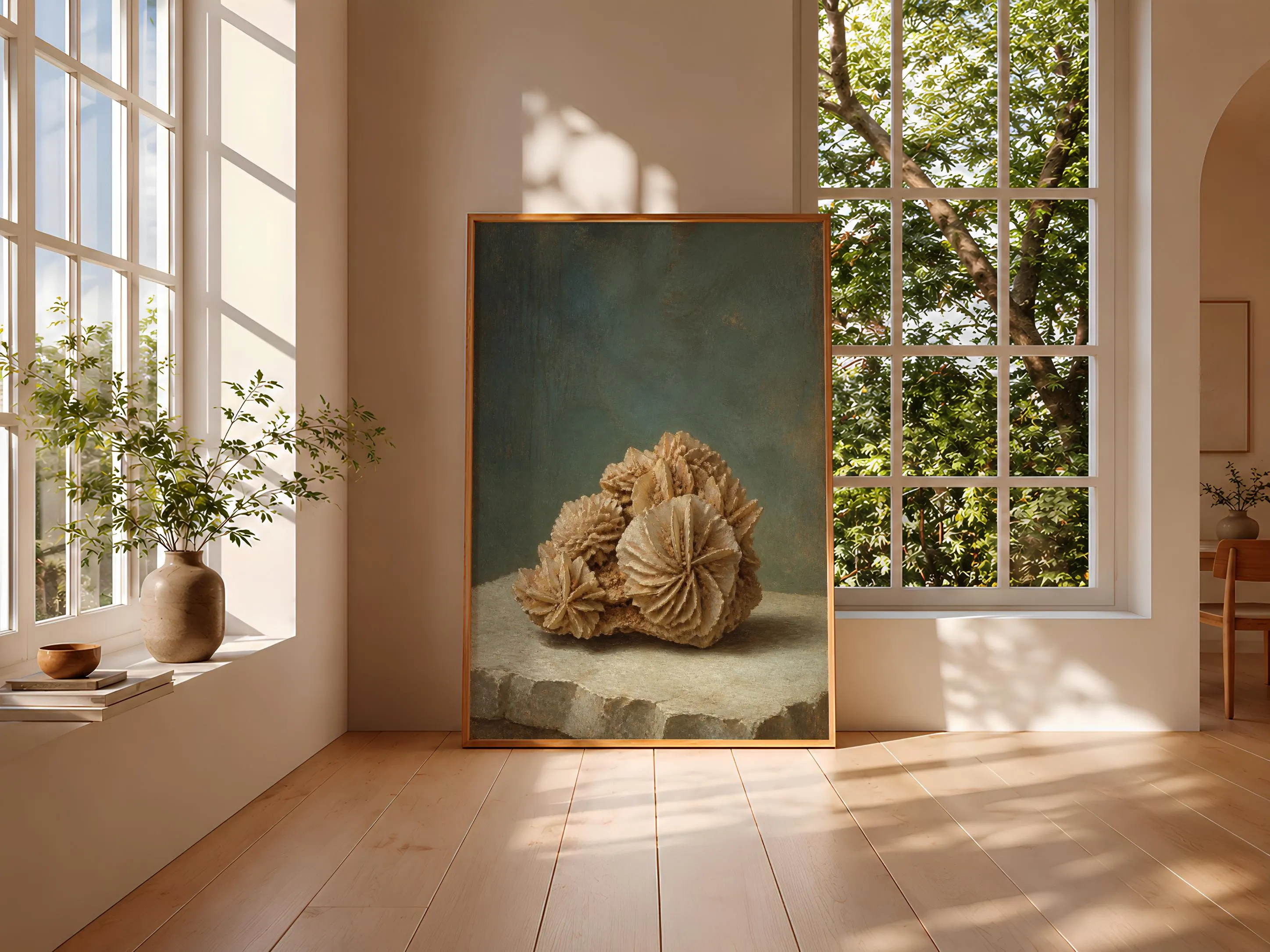 Desert Rose Wall Art, Gypsum Crystal Rosette Painting, Soft Teal Mineral Study Print – Calm Wall Art by Artsify thumbnail 3