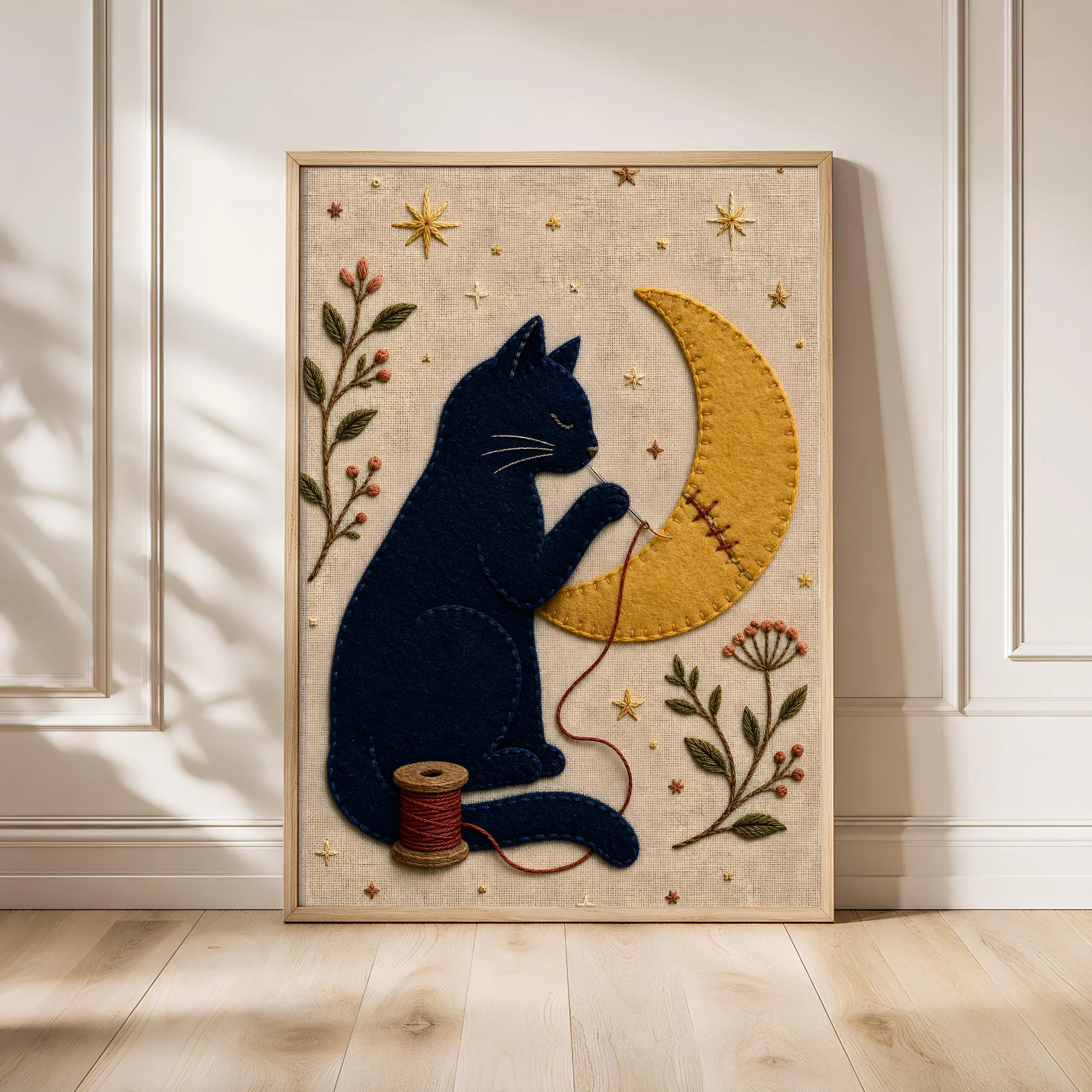 Black Cat Moon Print, Felt Embroidery Style Wall Art, Celestial Cat Poster, Whimsical Night Sky Decor, Housewarming Gift – Calm Wall Art by Artsify