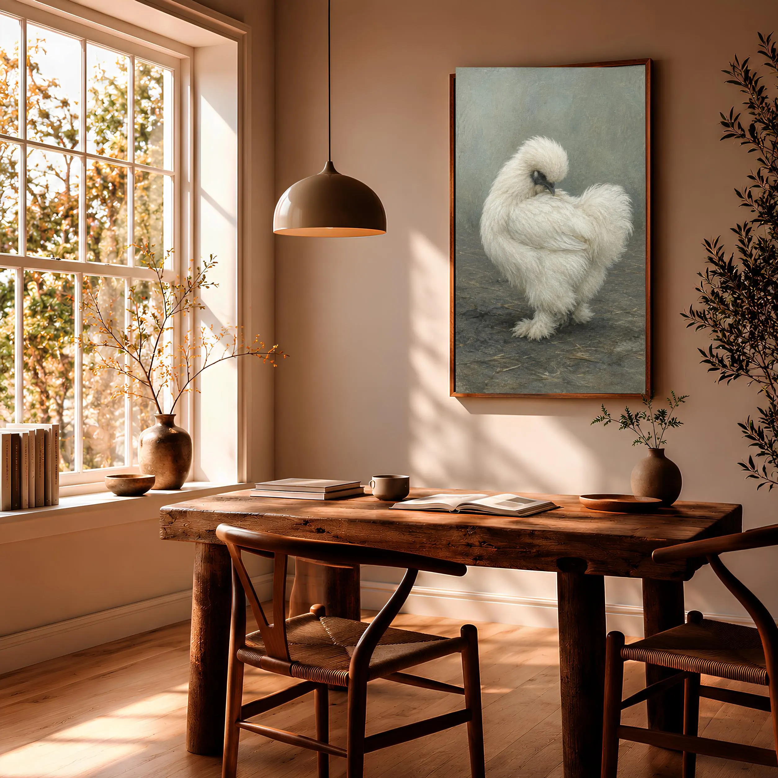 White Silkie Chicken Wall Art, Natural Preening Hen Tempera Print – Calm Wall Art by Artsify thumbnail 2