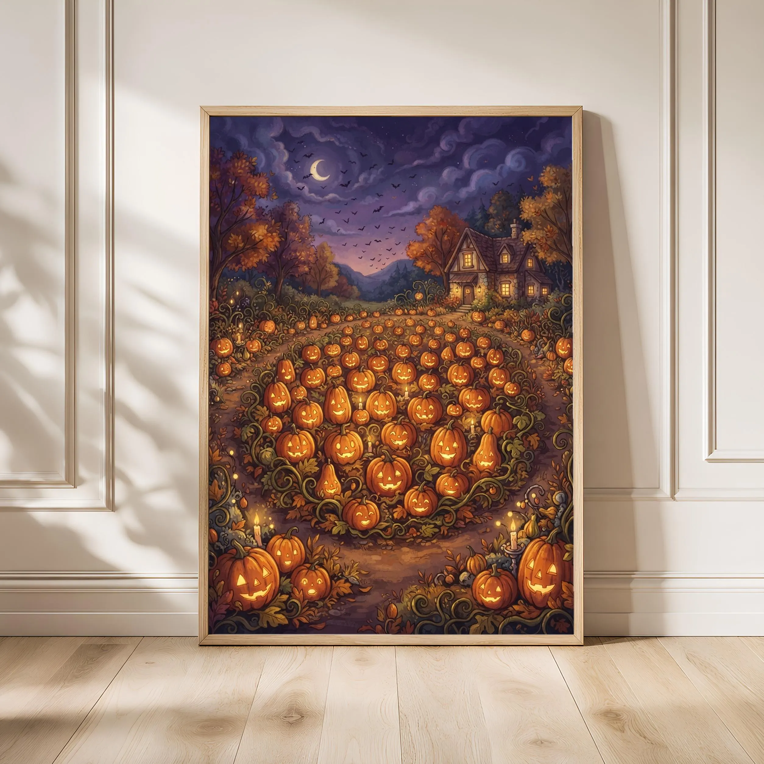 Halloween Pumpkin Patch Print, Storybook Poster, Orange Purple Wall Art, Housewarming Gift – Calm Wall Art by Artsify