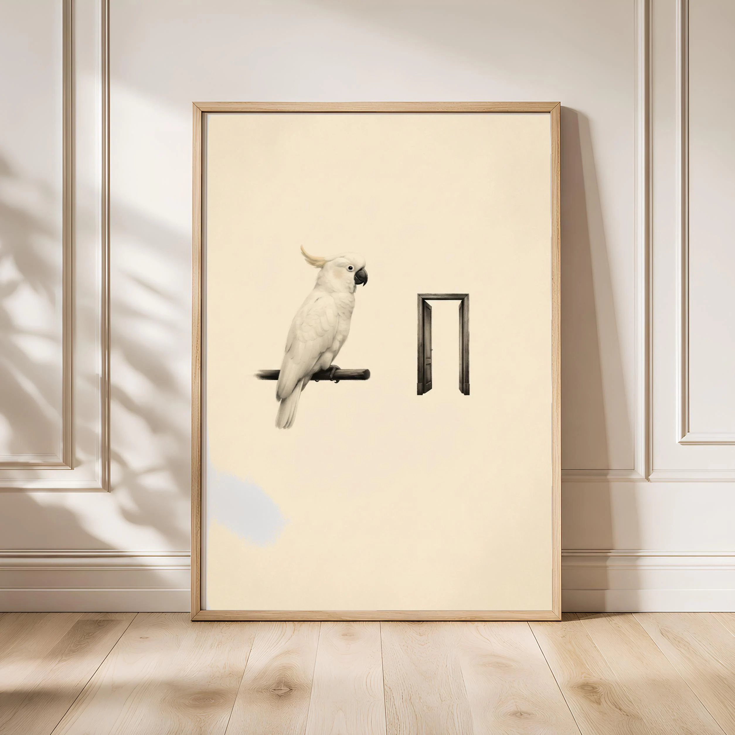 Surreal Cockatoo Wall Art Print, Floating Doorway Poster, Cream Black Bird Decor, Minimalist Surreal Art, Housewarming Gift – Calm Wall Art by Artsify