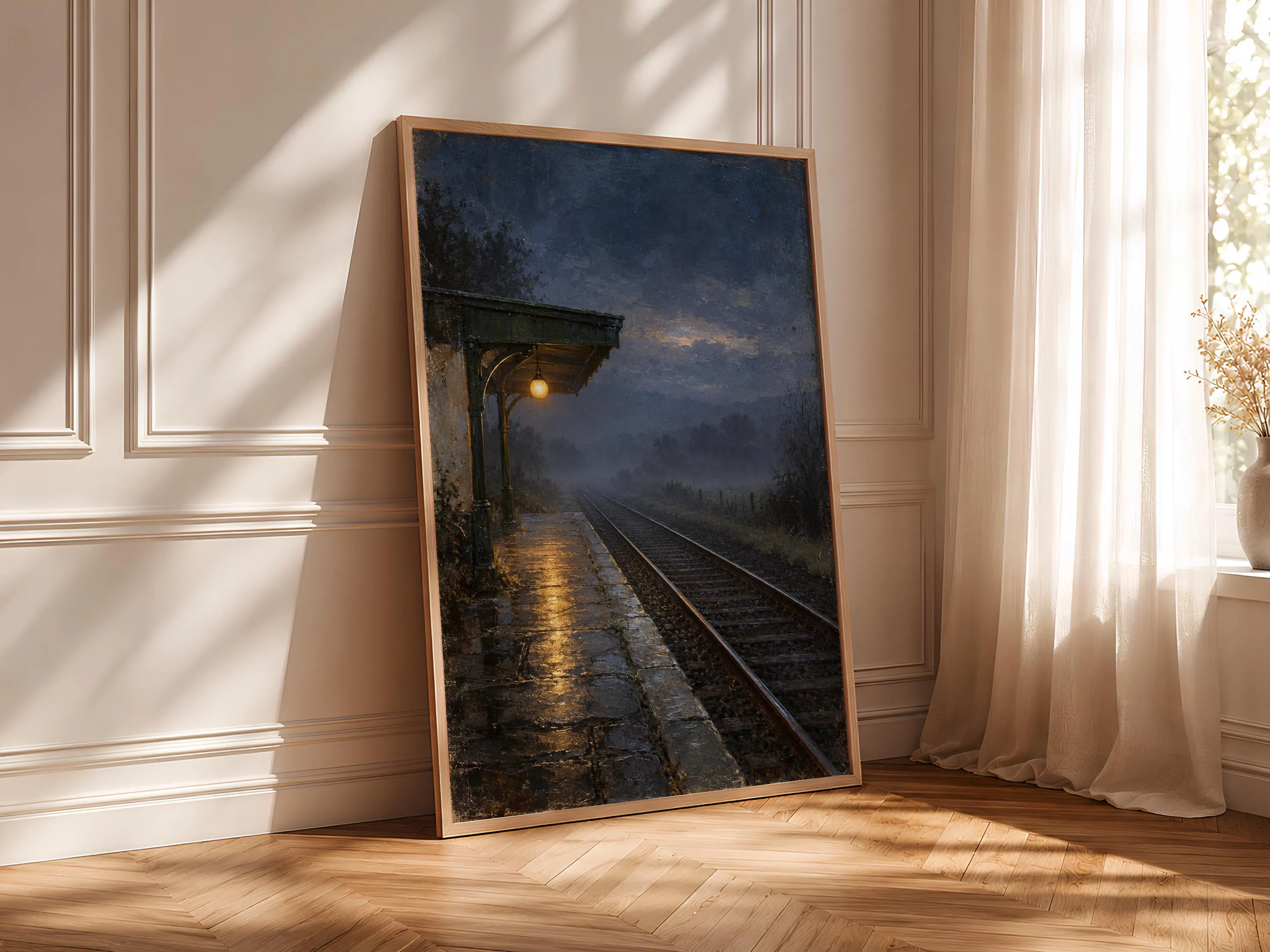 Amber Lamp Railway Platform Wall Art, Indigo Dusk Oil Painting, Travel Decor – Calm Wall Art by Artsify thumbnail 4