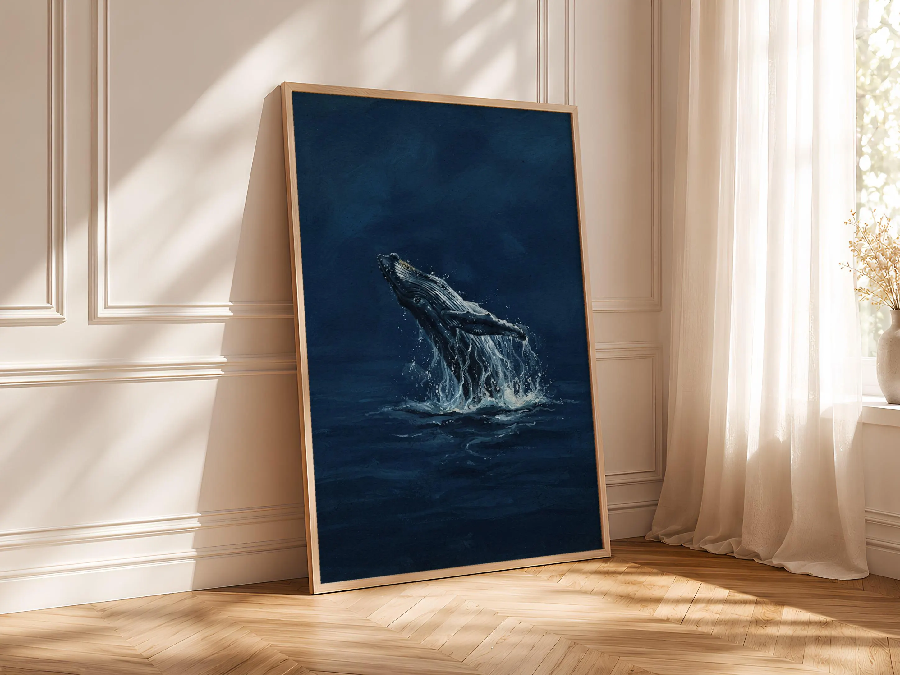 Whale Wall Art, Navy Minimalist Ocean Painting, Vintage Coastal Print, Housewarming Gift – Calm Wall Art by Artsify thumbnail 4