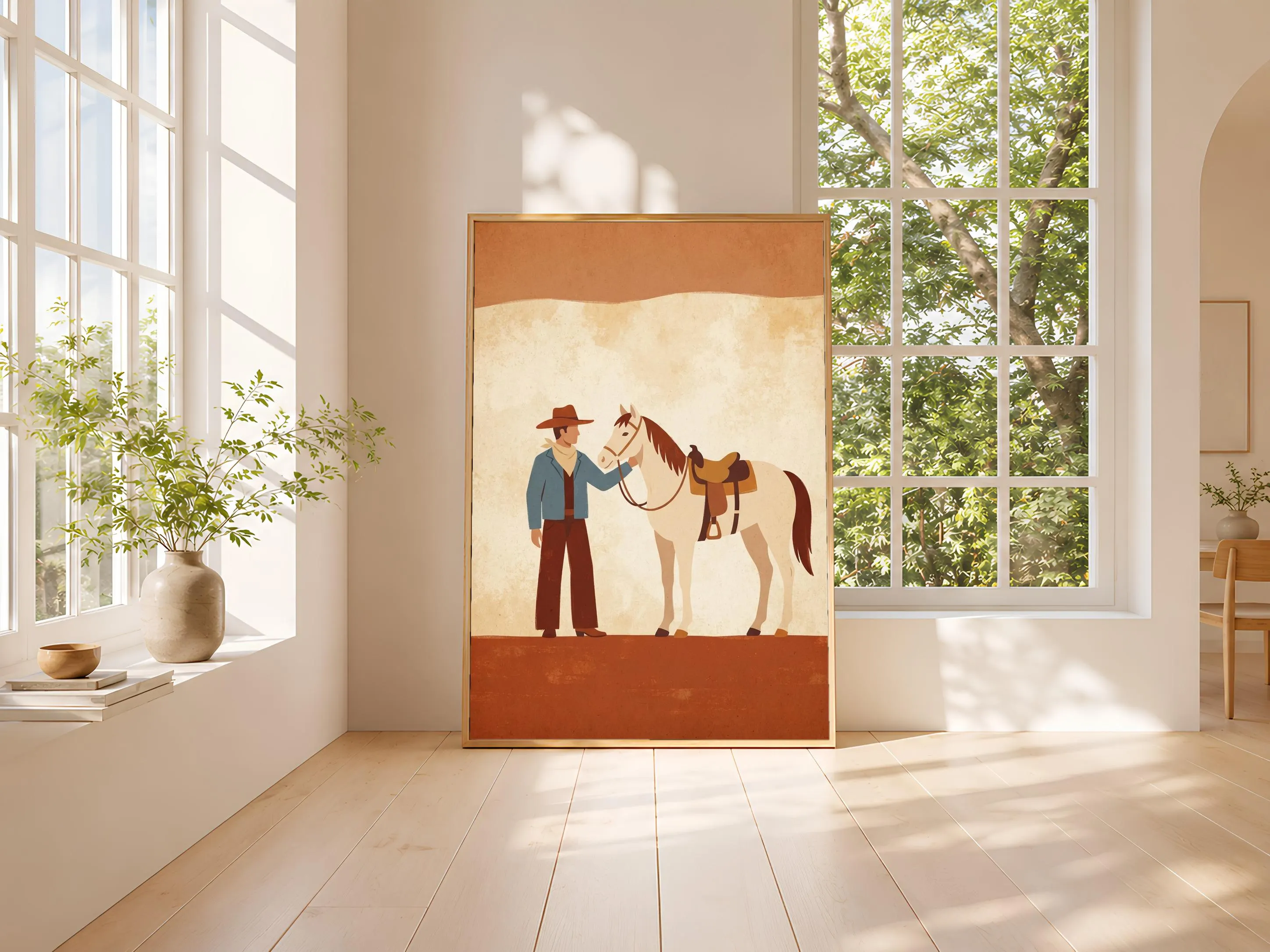 Cowboy and Horse Print, Western Folk Art Poster, Rust Wall Art, Ranch Housewarming Gift – Calm Wall Art by Artsify thumbnail 3