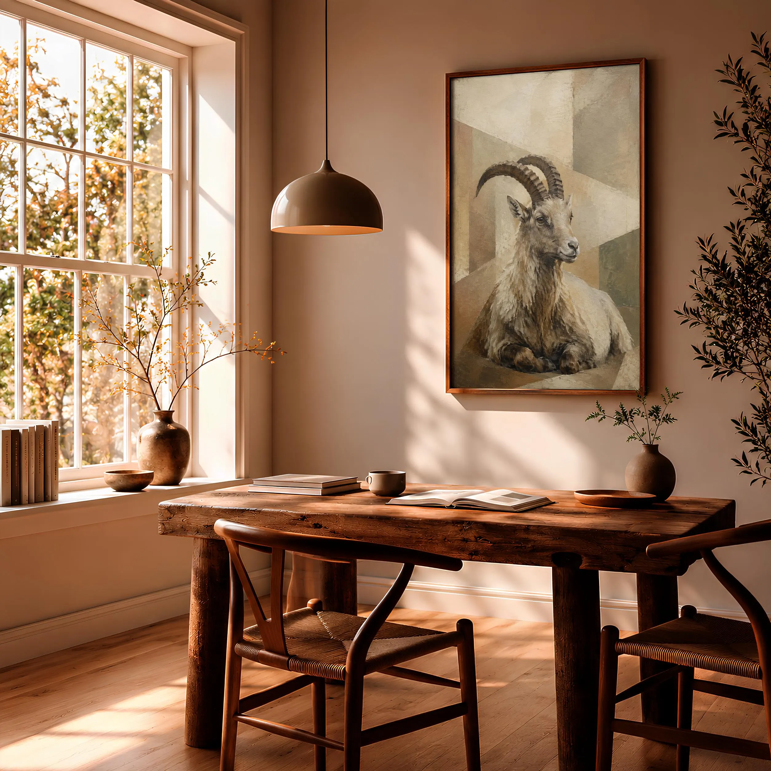 Resting Alpine Goat Wall Art, Geometric Animal Oil Painting – Calm Wall Art by Artsify thumbnail 2