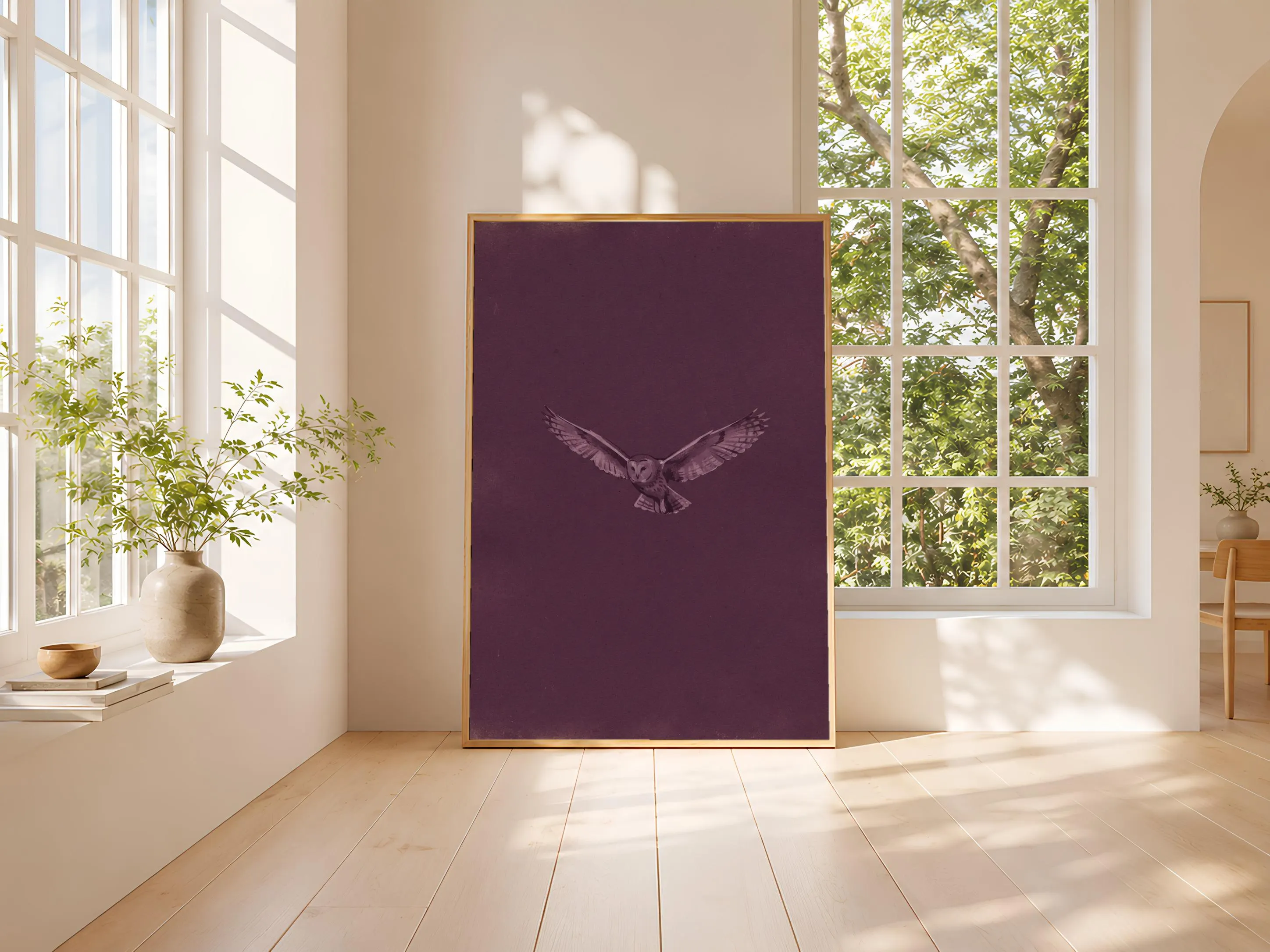 Owl in Flight Wall Art, Plum Minimalist Night Painting, Vintage Woodland Print, Housewarming Gift – Calm Wall Art by Artsify thumbnail 3