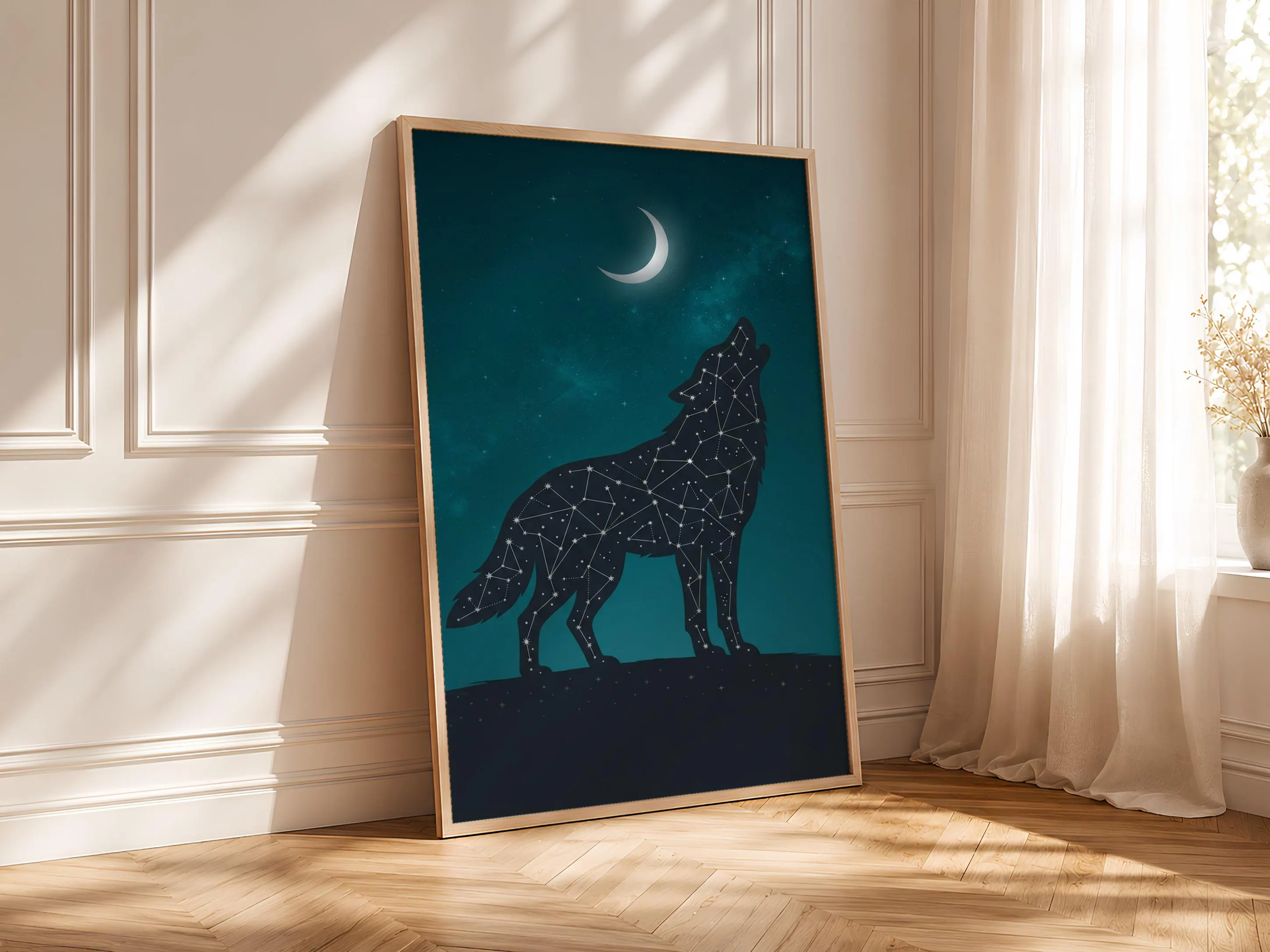 Constellation Wolf Print, Celestial Night Sky Wall Art, Charcoal Teal Poster, Office Decor, Housewarming Gift – Calm Wall Art by Artsify thumbnail 4