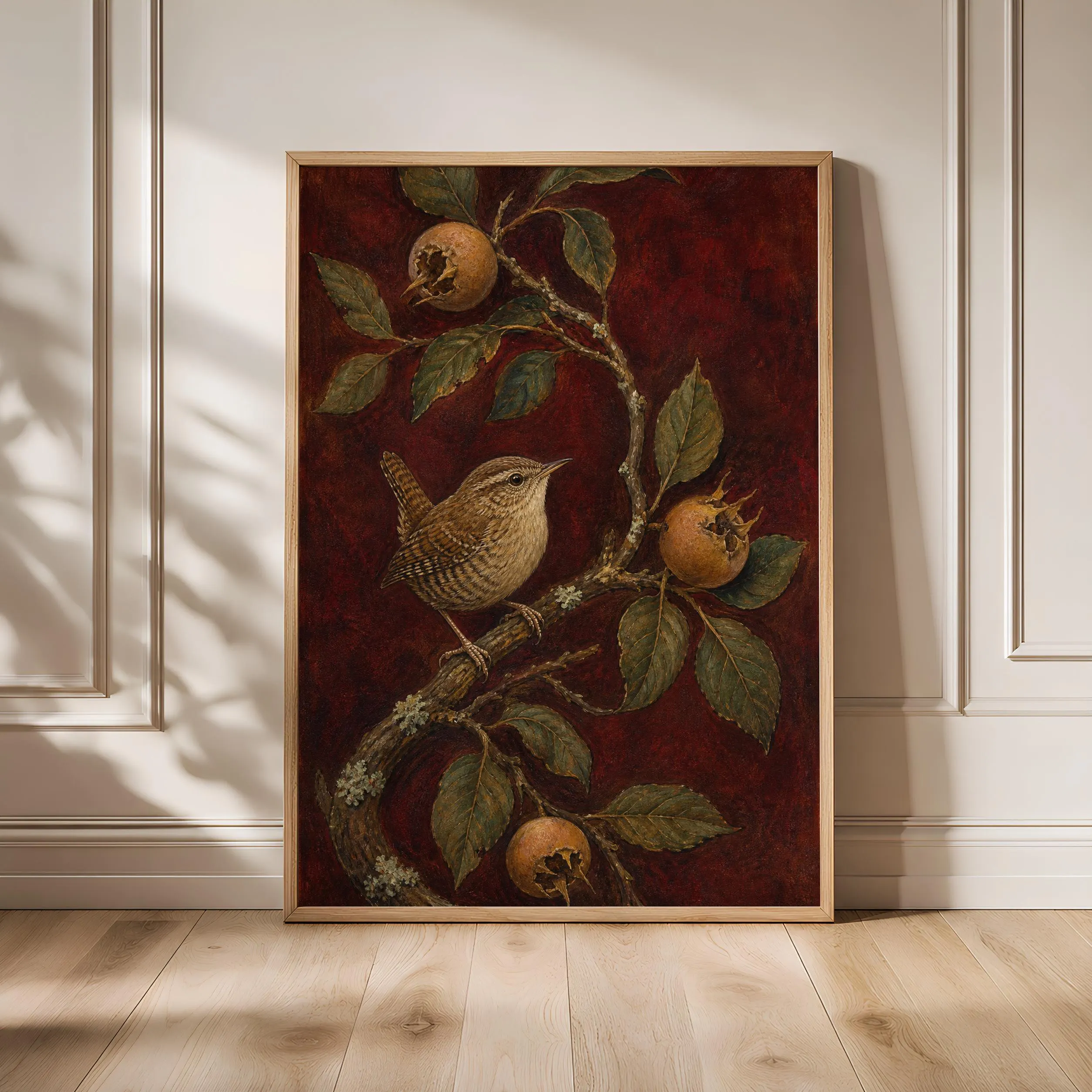 Eurasian Wren Wall Art, Vintage Naturalist Illustration, Deep Maroon Botanical Decor Print – Calm Wall Art by Artsify