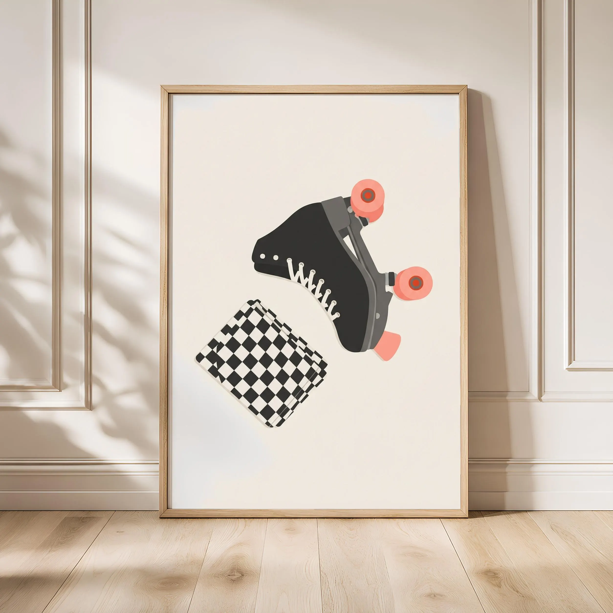 Retro Roller Skate Print, Checkerboard Japandi Poster, Black White Wall Art, Skater Gift, Housewarming Gift – Calm Wall Art by Artsify