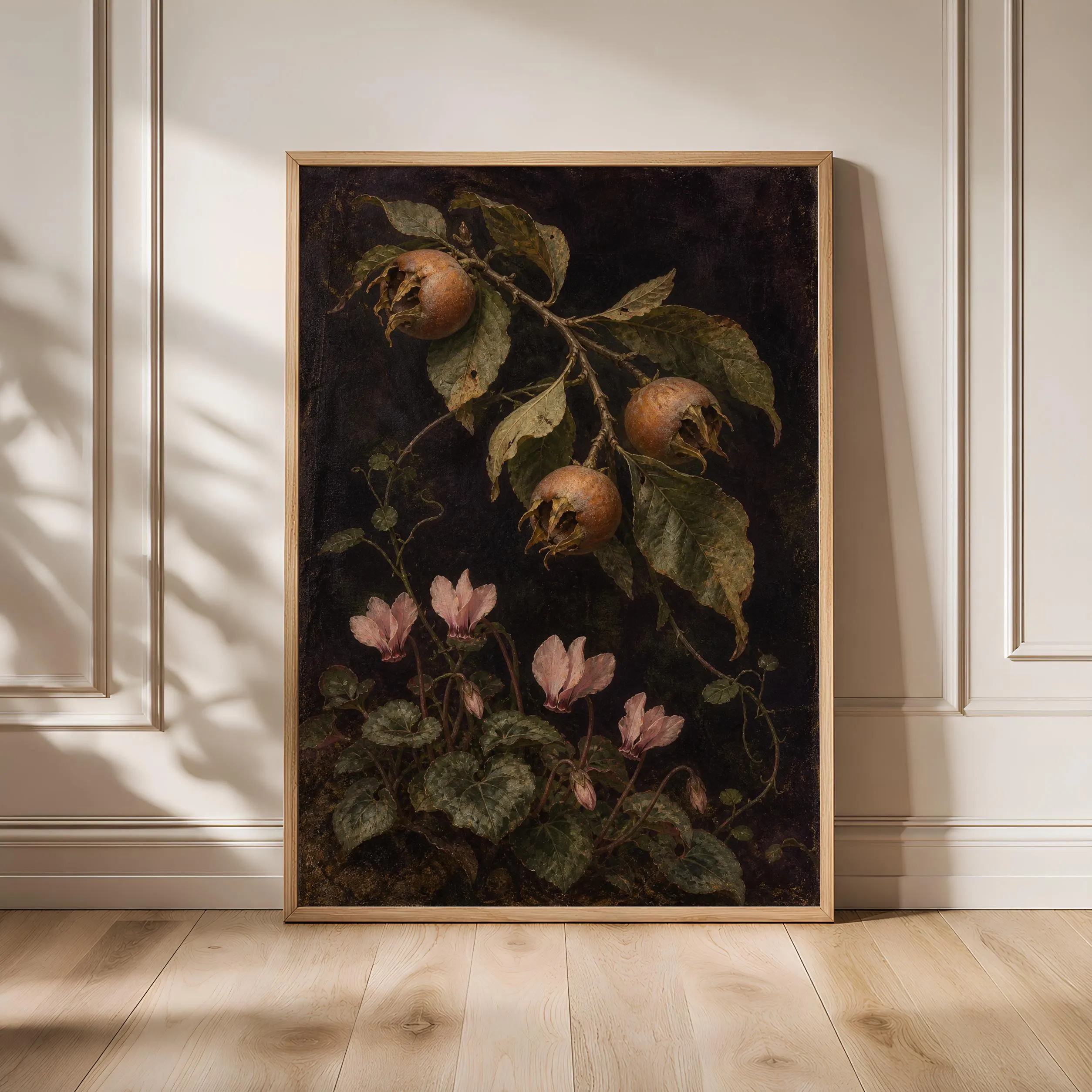 Medlar Fruit Wall Art, Vintage Botanical Oil Painting, Moody Country Kitchen Decor – Calm Wall Art by Artsify