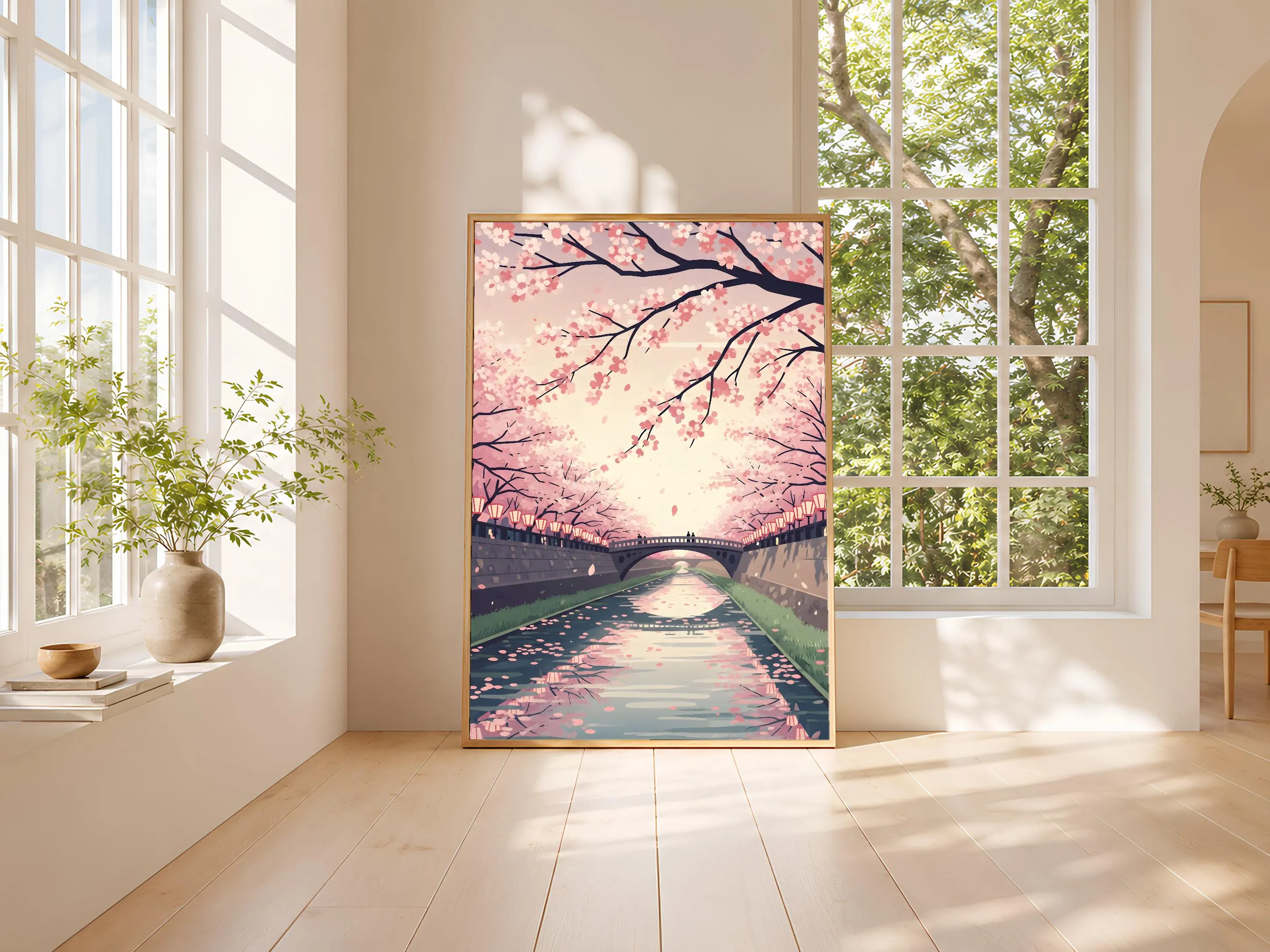 Cherry Blossom Print, Japanese Sakura River Poster, Woodblock Style Wall Art, Zen Bedroom Decor, Housewarming Gift – Calm Wall Art by Artsify thumbnail 3