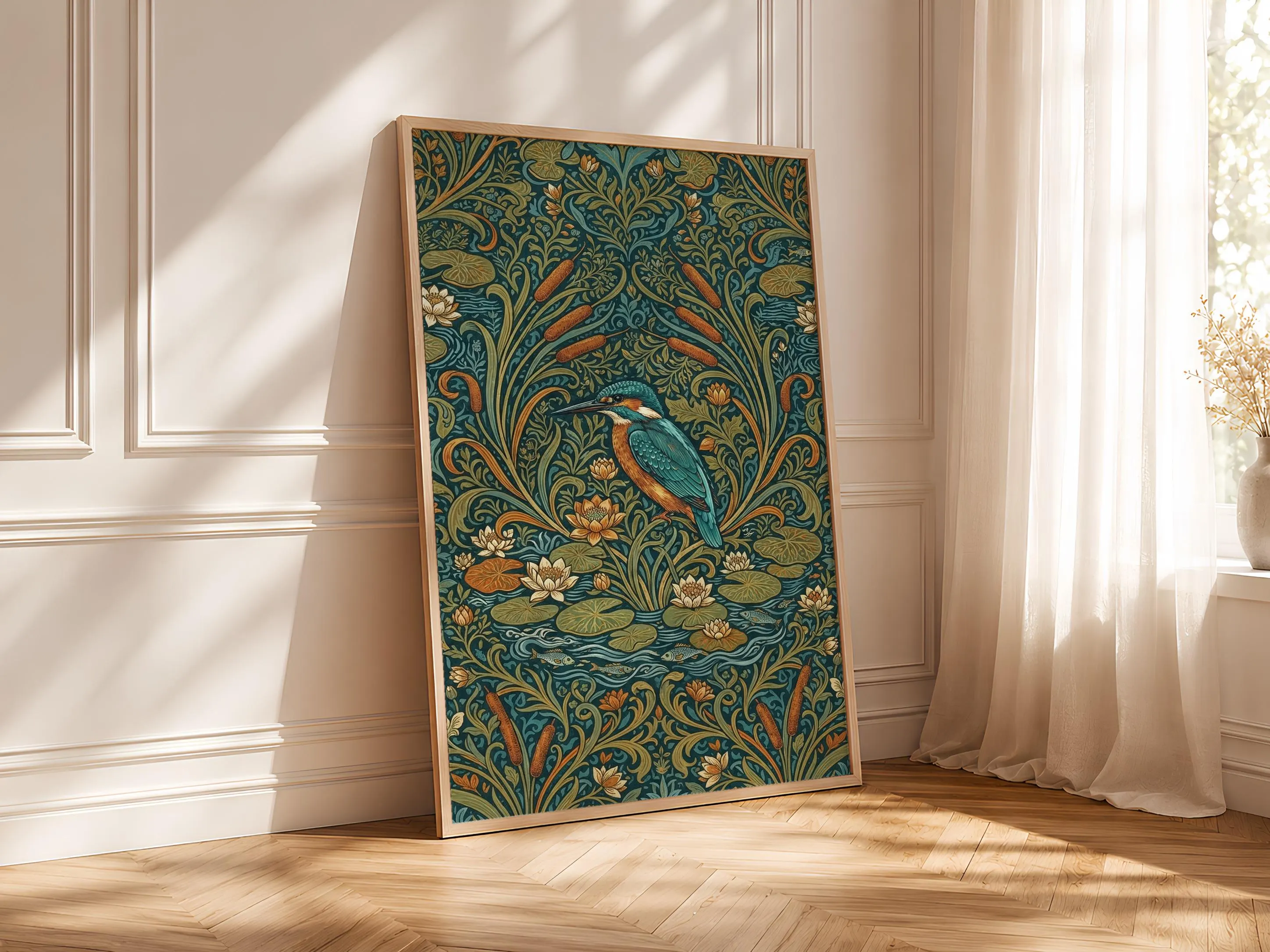 William Morris Style Print, Arts and Crafts Kingfisher Poster, Water Lily Wall Art, Living Room Decor, Housewarming Gift – Calm Wall Art by Artsify thumbnail 4