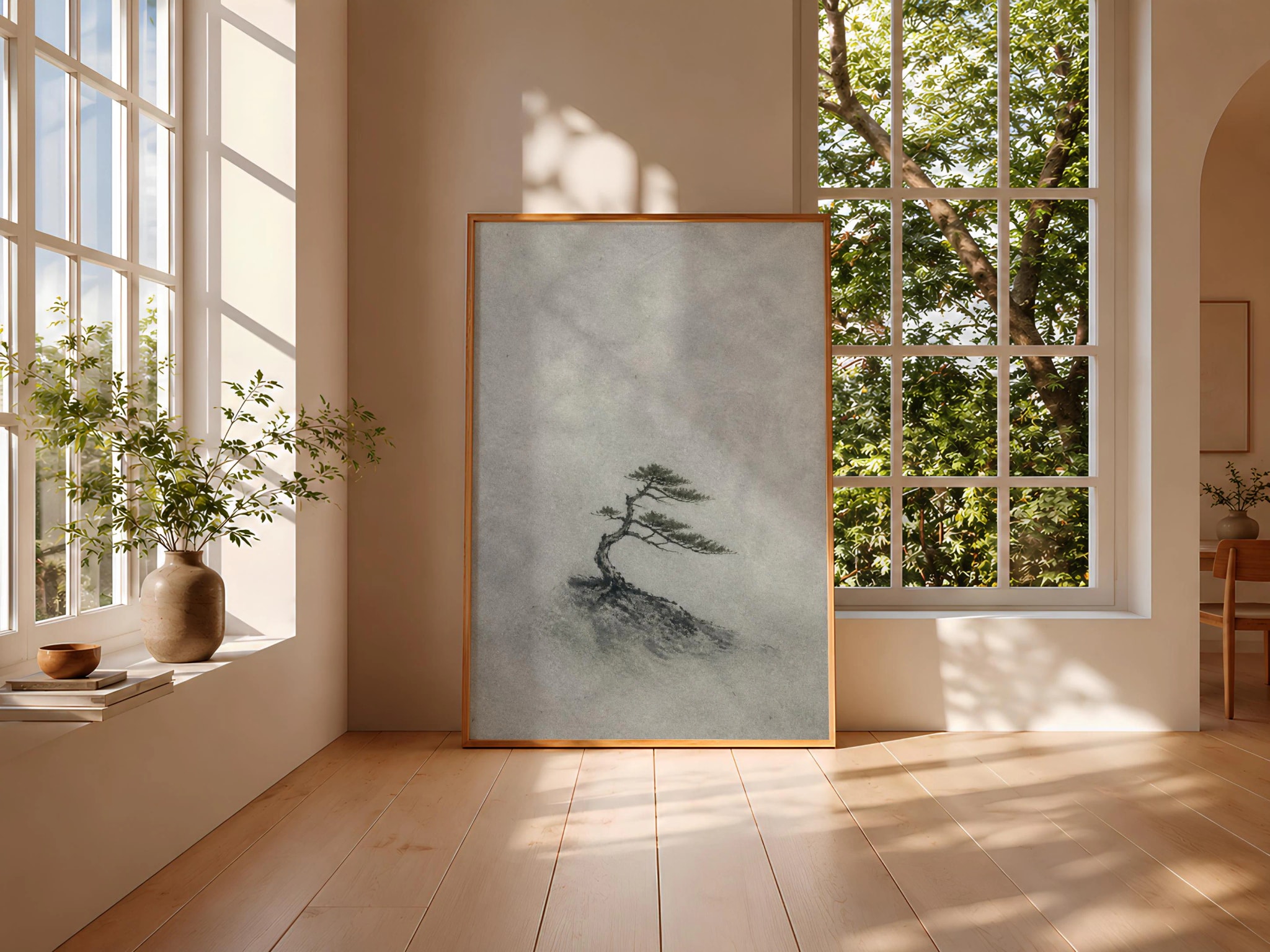 Minimalist Pine Tree Wall Art, Fog Landscape Monotype, Neutral Japandi Nature Print – Calm Wall Art by Artsify thumbnail 3