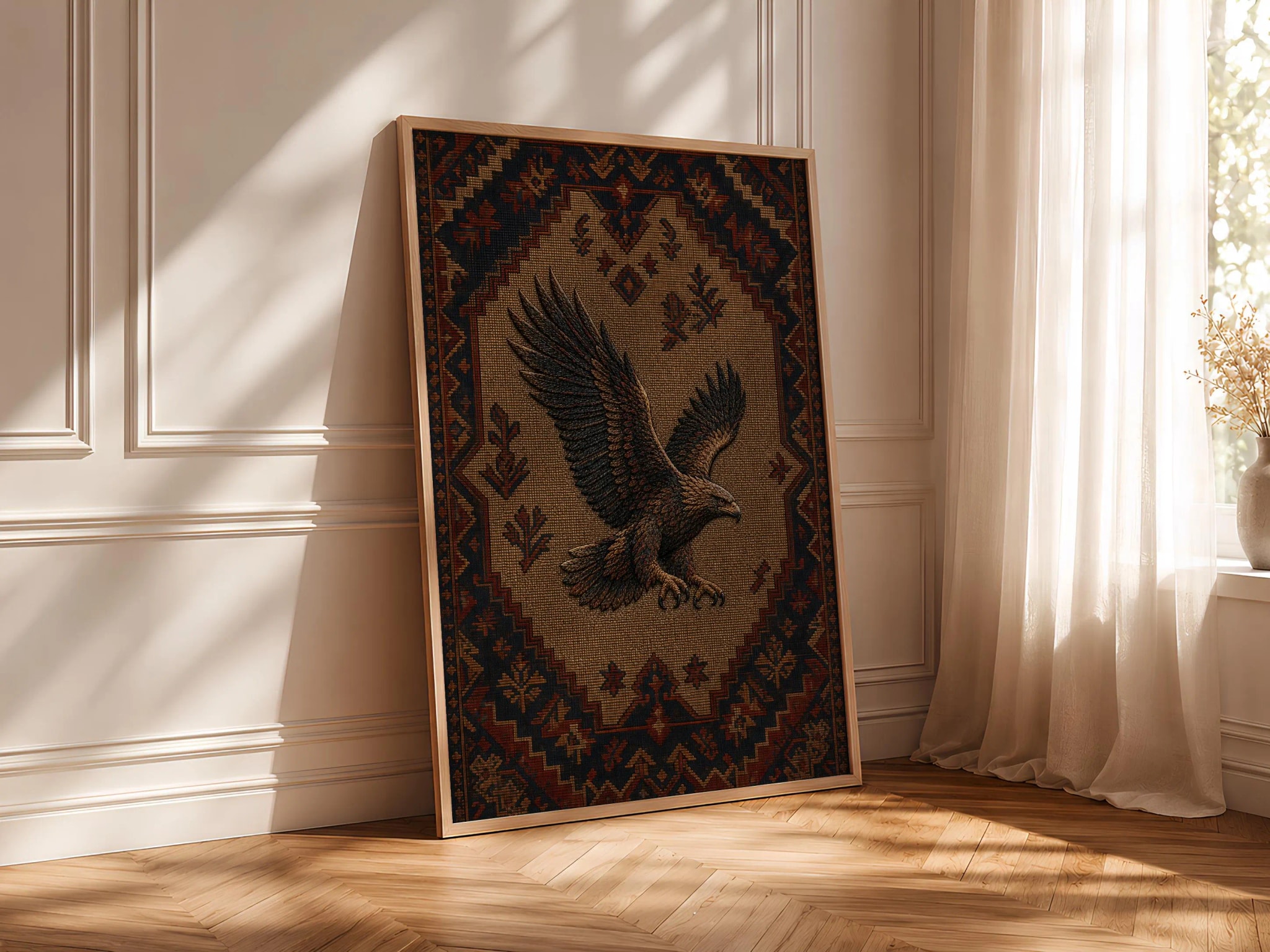 Embroidered Eagle Print, Anatolian Kilim Wall Art, Rustic Textile Poster, Boho Animal Decor – Calm Wall Art by Artsify thumbnail 4