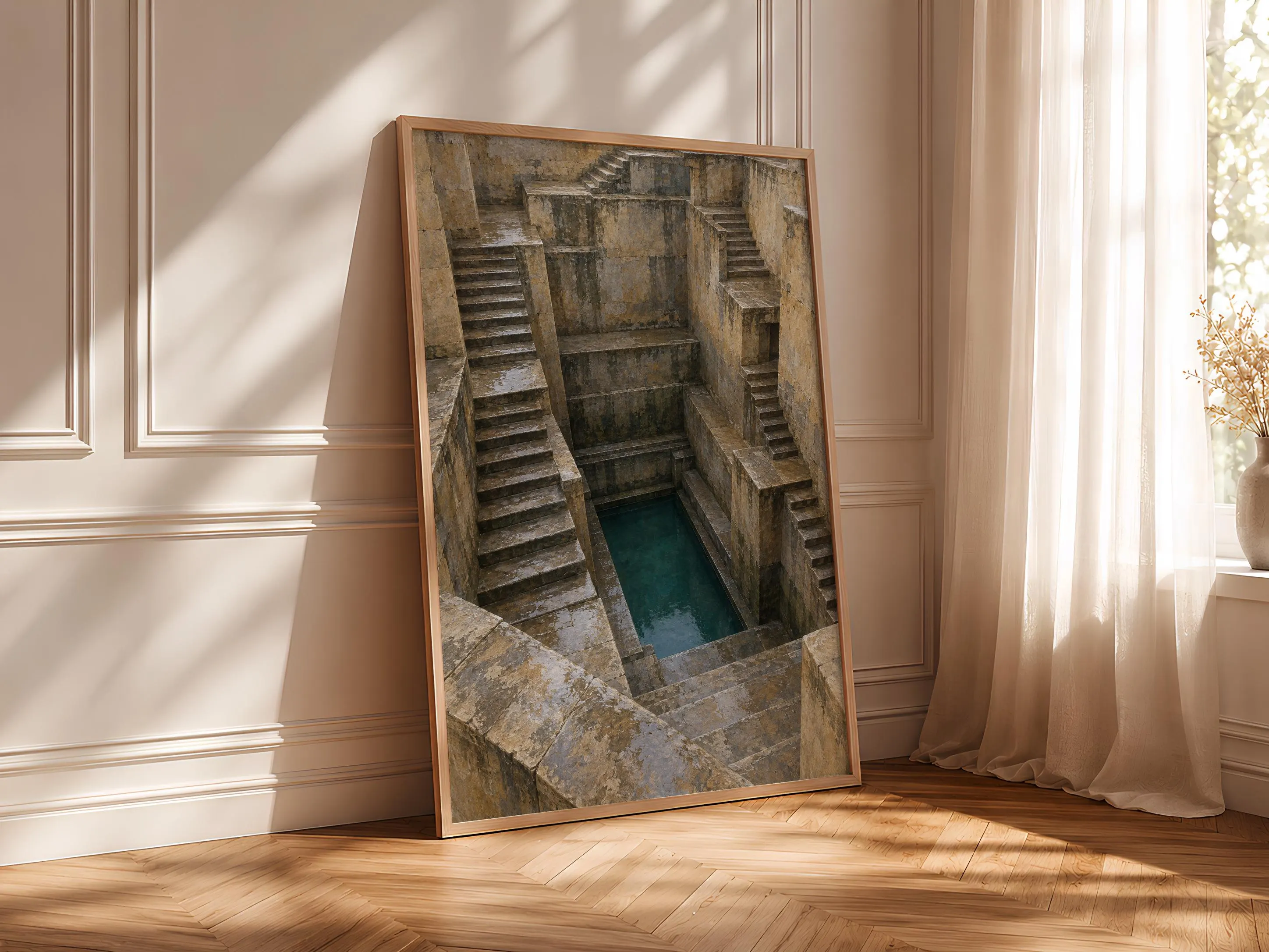 Indian Stepwell Wall Art, Moody Architectural Tempera Painting, Earth Tone Decor – Calm Wall Art by Artsify thumbnail 4