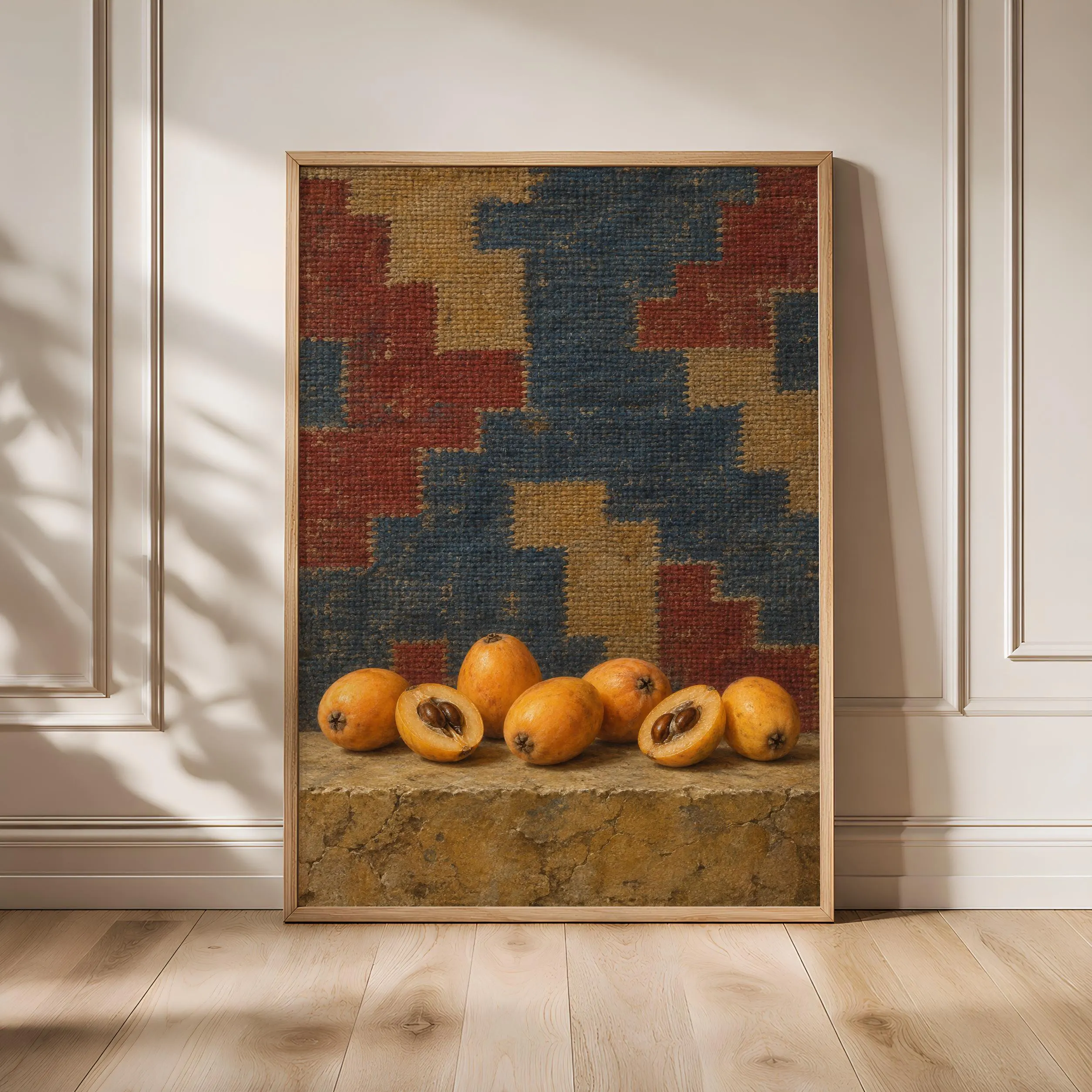 Loquat Fruit Wall Art, Vintage Kilim Still Life Painting – Calm Wall Art by Artsify