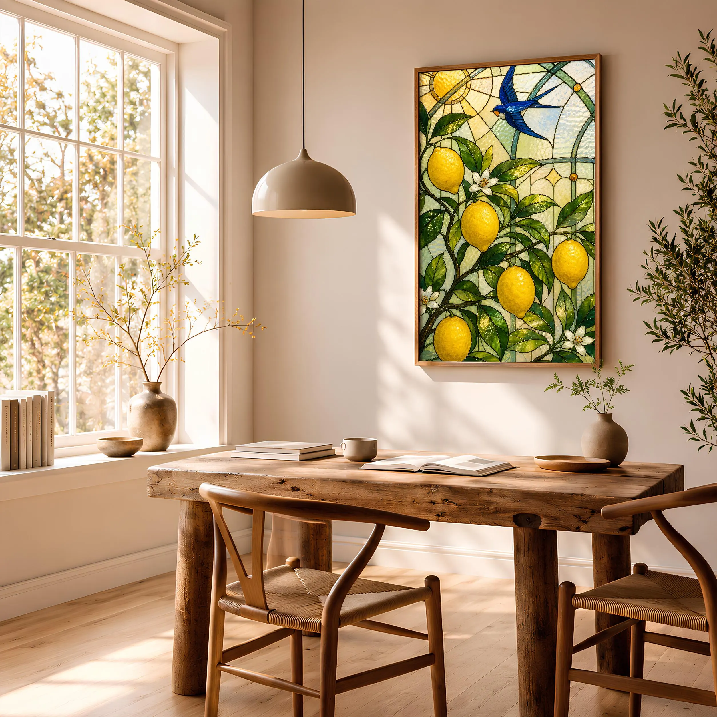 Lemon Tree Stained Glass Print, Botanical Conservatory Wall Art, Swallow Bird Poster, Mediterranean Kitchen Decor, Housewarming Gift – Calm Wall Art by Artsify thumbnail 2