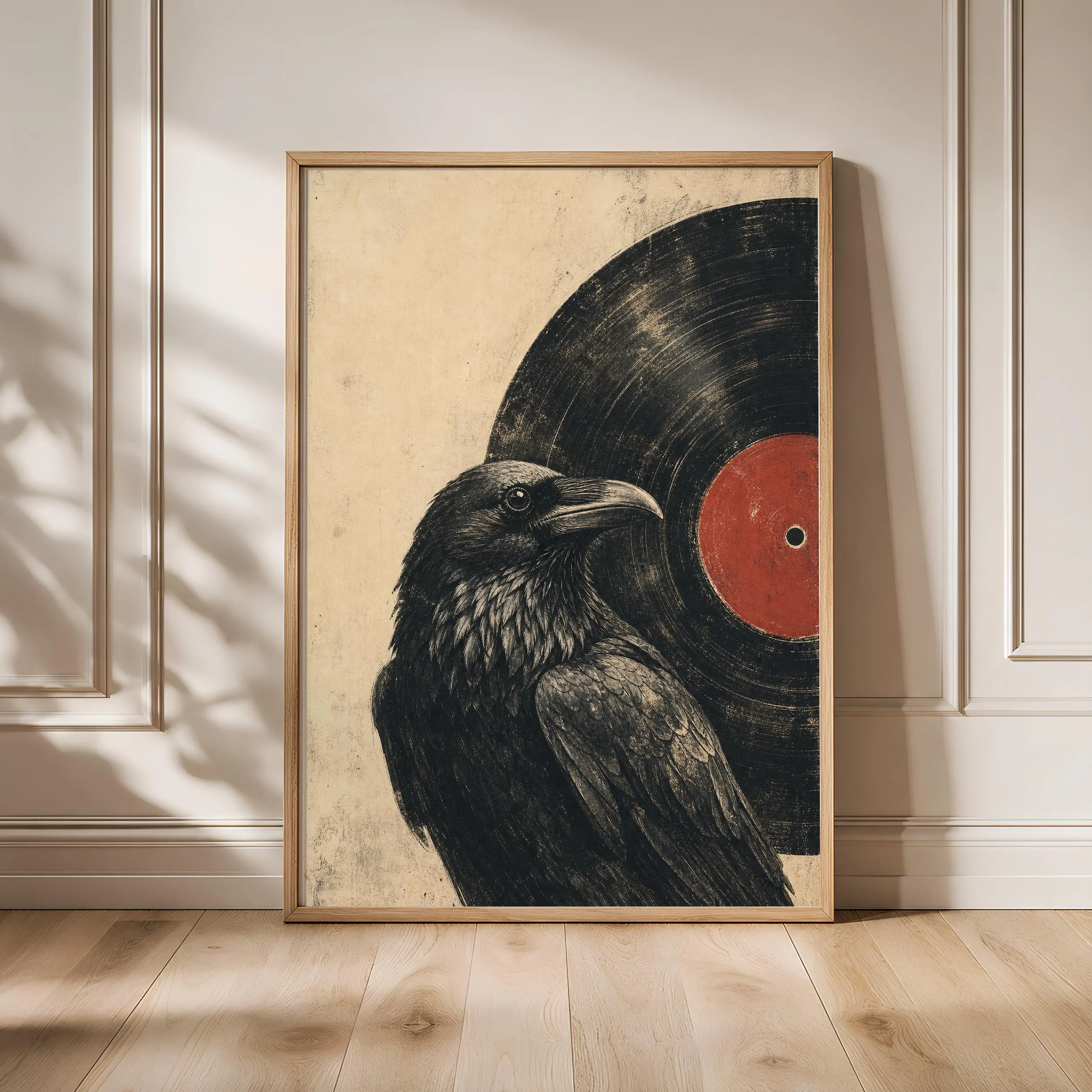 Raven Vinyl Record Print, Woodblock Bird Wall Art, Midnight Music Poster, Vinyl Record Lover Decor, Housewarming Gift – Calm Wall Art by Artsify