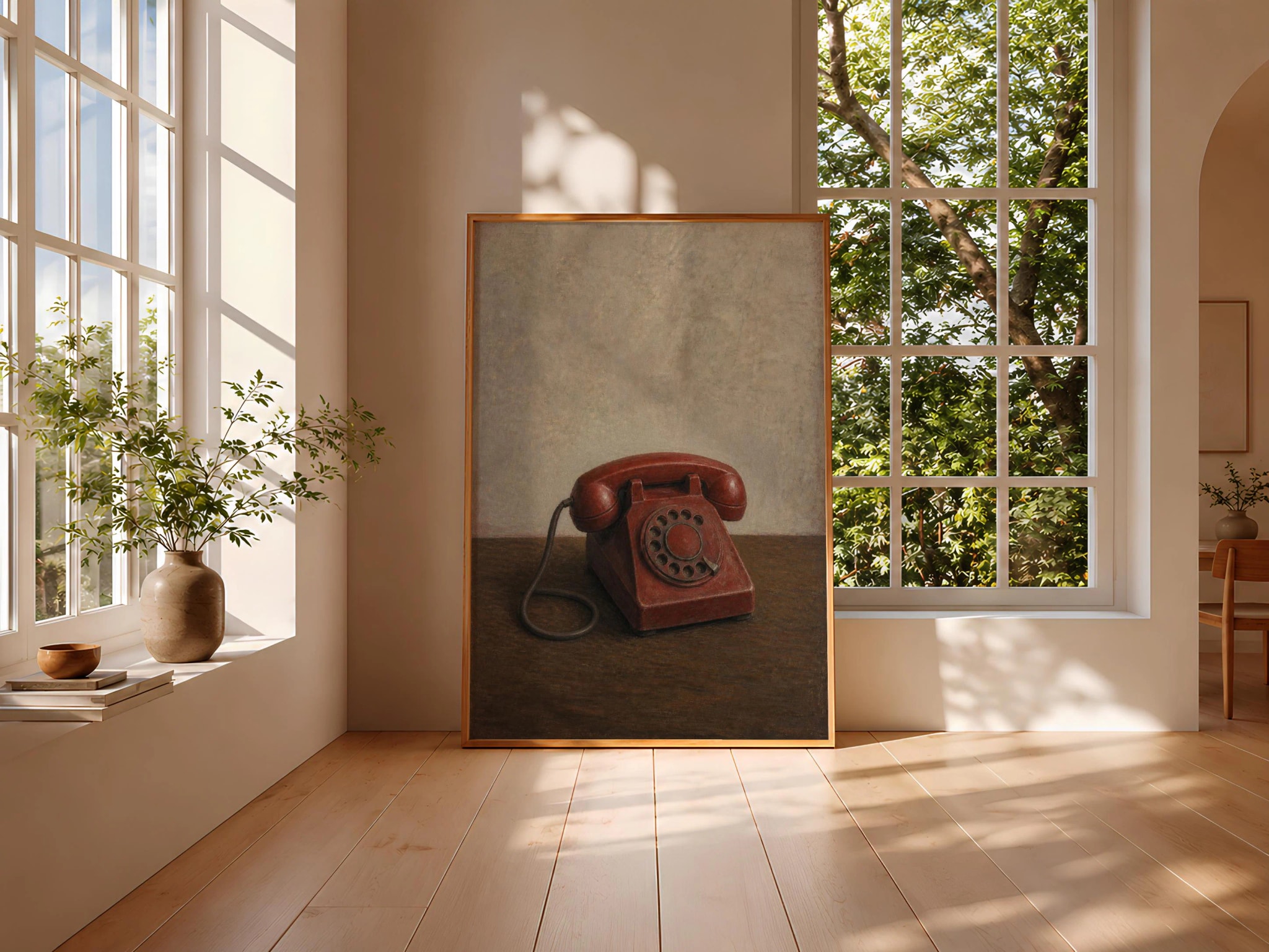 Red Telephone Wall Art, Vintage Rotary Phone Painting, Nostalgic Still Life Print – Calm Wall Art by Artsify thumbnail 3
