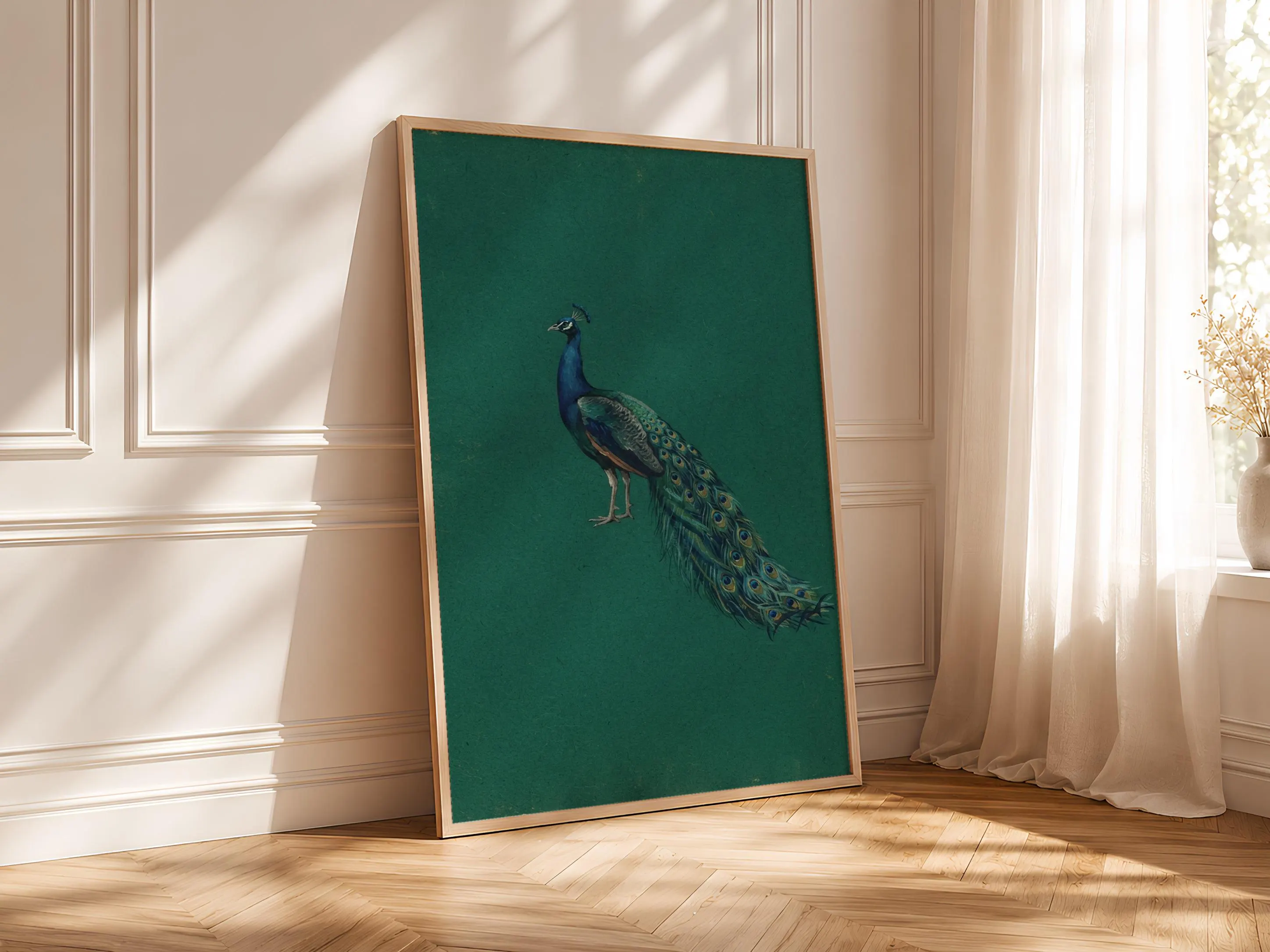 Peacock Wall Art, Emerald Minimalist Wildlife Painting, Vintage Jewel-Tone Print, Housewarming Gift – Calm Wall Art by Artsify thumbnail 4