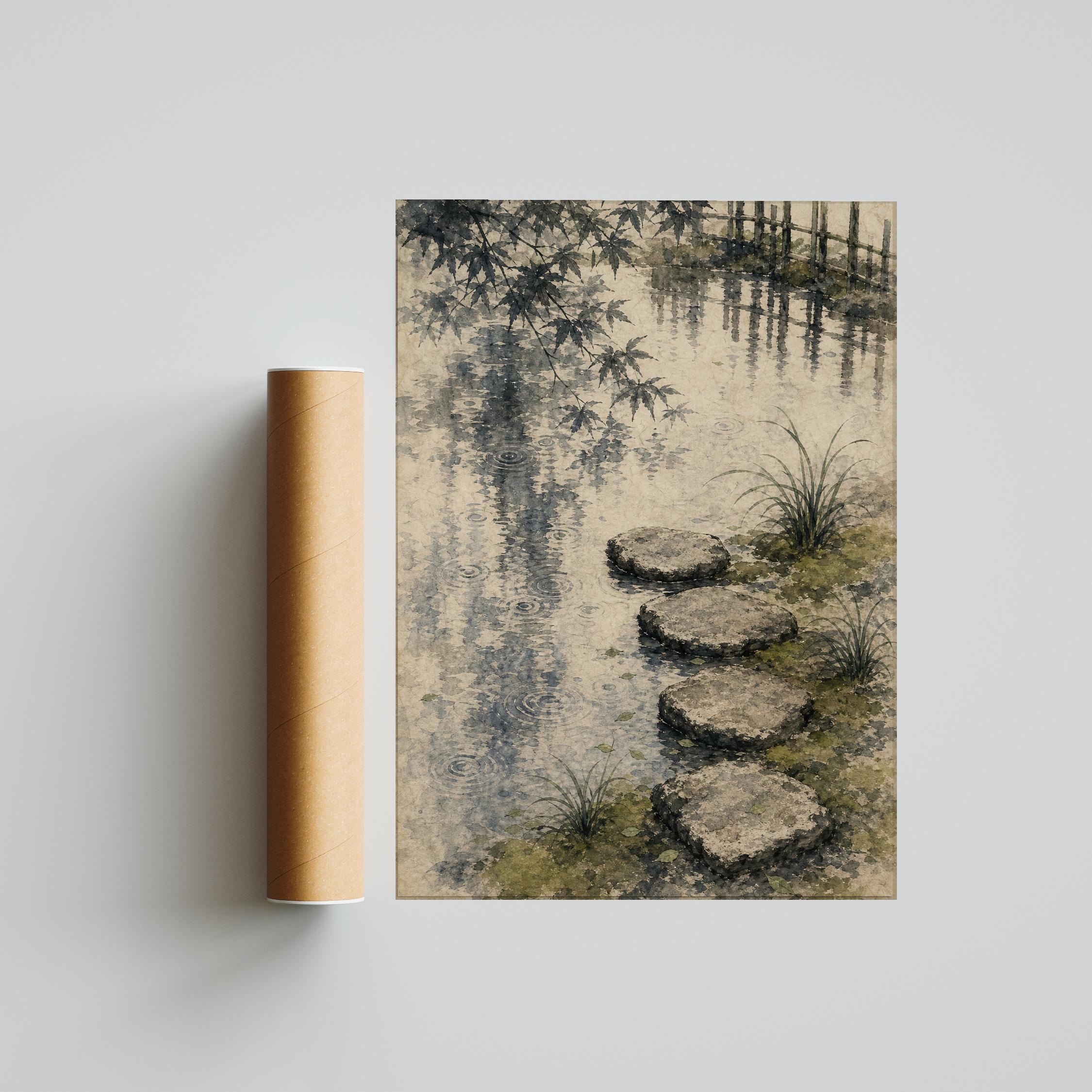 Japanese Tea Garden Print, Stepping Stone Wall Art, Sumi E Pond Poster, Japandi Zen Decor, Housewarming Gift – Calm Wall Art by Artsify thumbnail 5