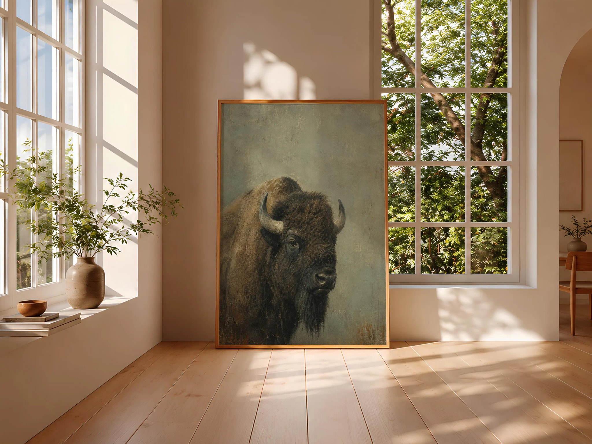 Bison Portrait Painting Print, Western Wildlife Wall Art, Sage Rustic Poster, Farmhouse Animal Decor, Housewarming Gift – Calm Wall Art by Artsify thumbnail 3
