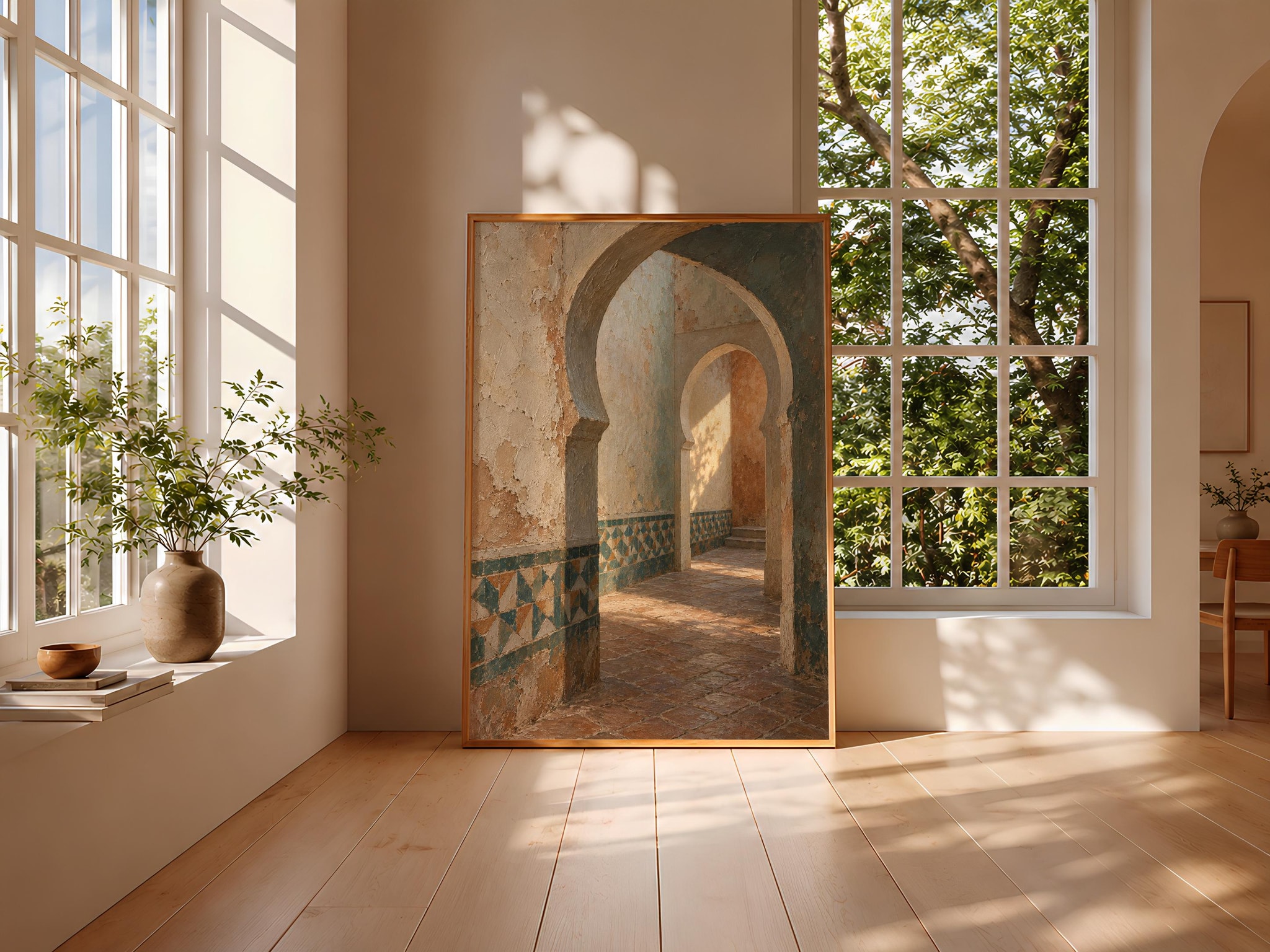 Moroccan Riad Archway Wall Art, Quiet Passage Oil Painting, Boho Mediterranean Decor – Calm Wall Art by Artsify thumbnail 3