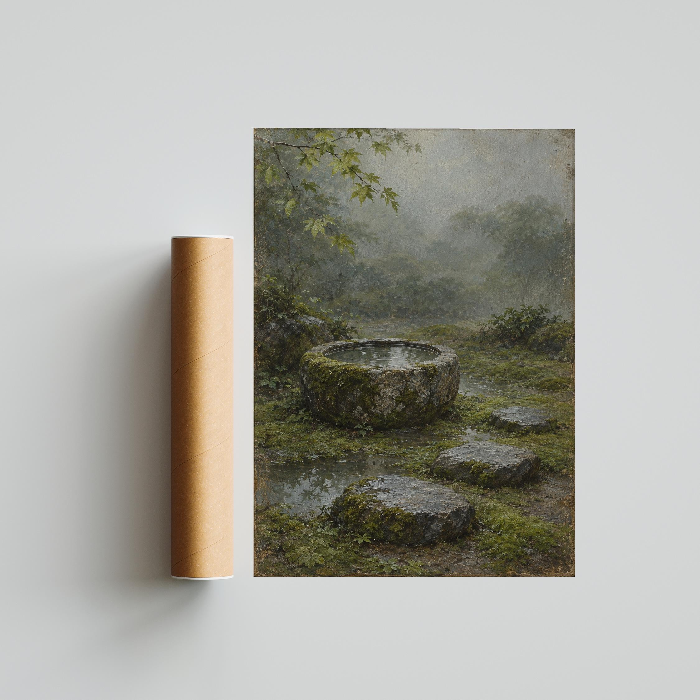 Japanese Rain Garden Wall Art, Mossy Stone Basin Oil Painting, Zen Decor – Calm Wall Art by Artsify thumbnail 5