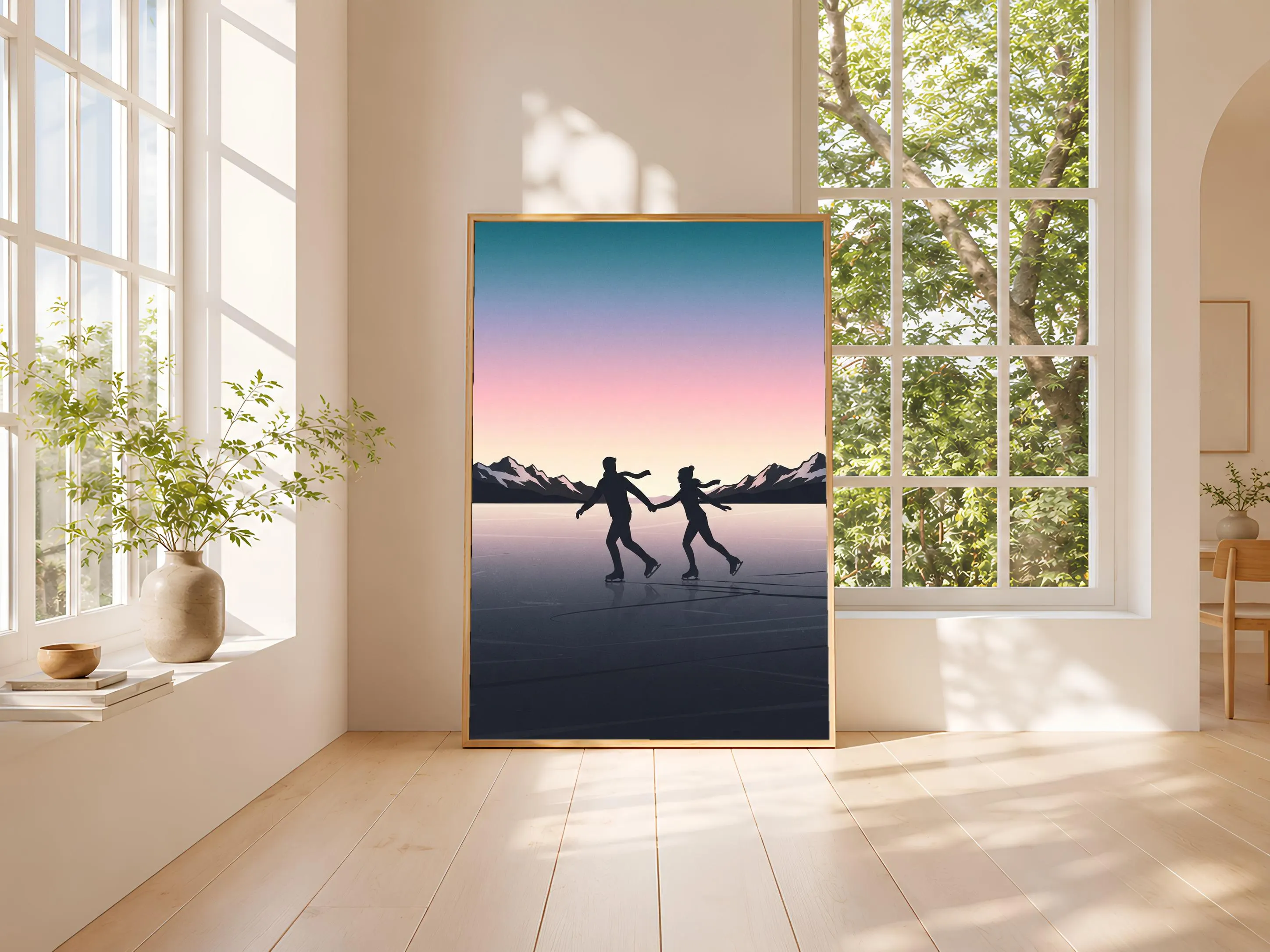 Ice Skaters Print, Winter Mountain Poster, Teal Lavender Wall Art, Skating Gift, Housewarming Gift – Calm Wall Art by Artsify thumbnail 3