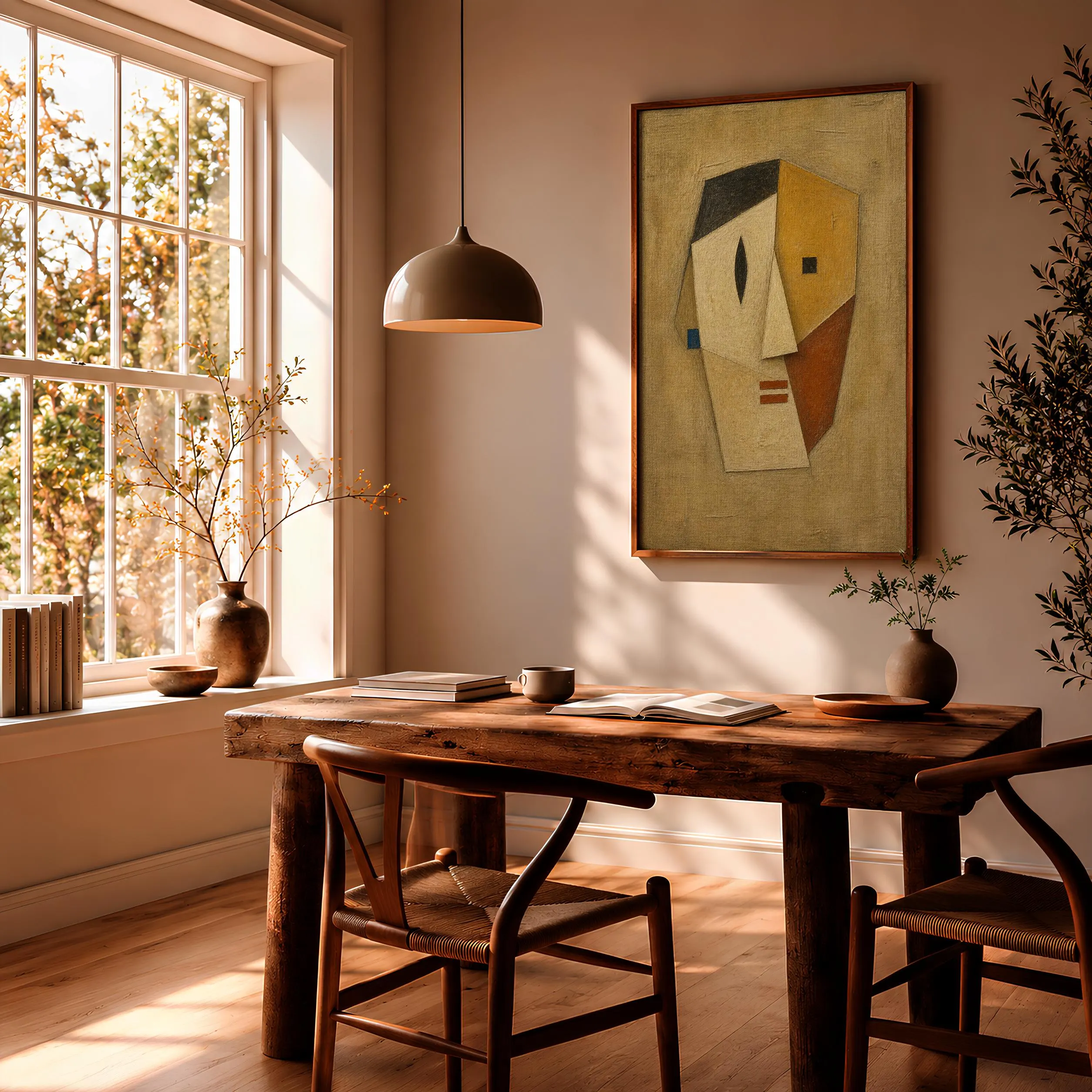Abstract Face Wall Art, Ochre Cubist Oil Painting Print – Calm Wall Art by Artsify thumbnail 2