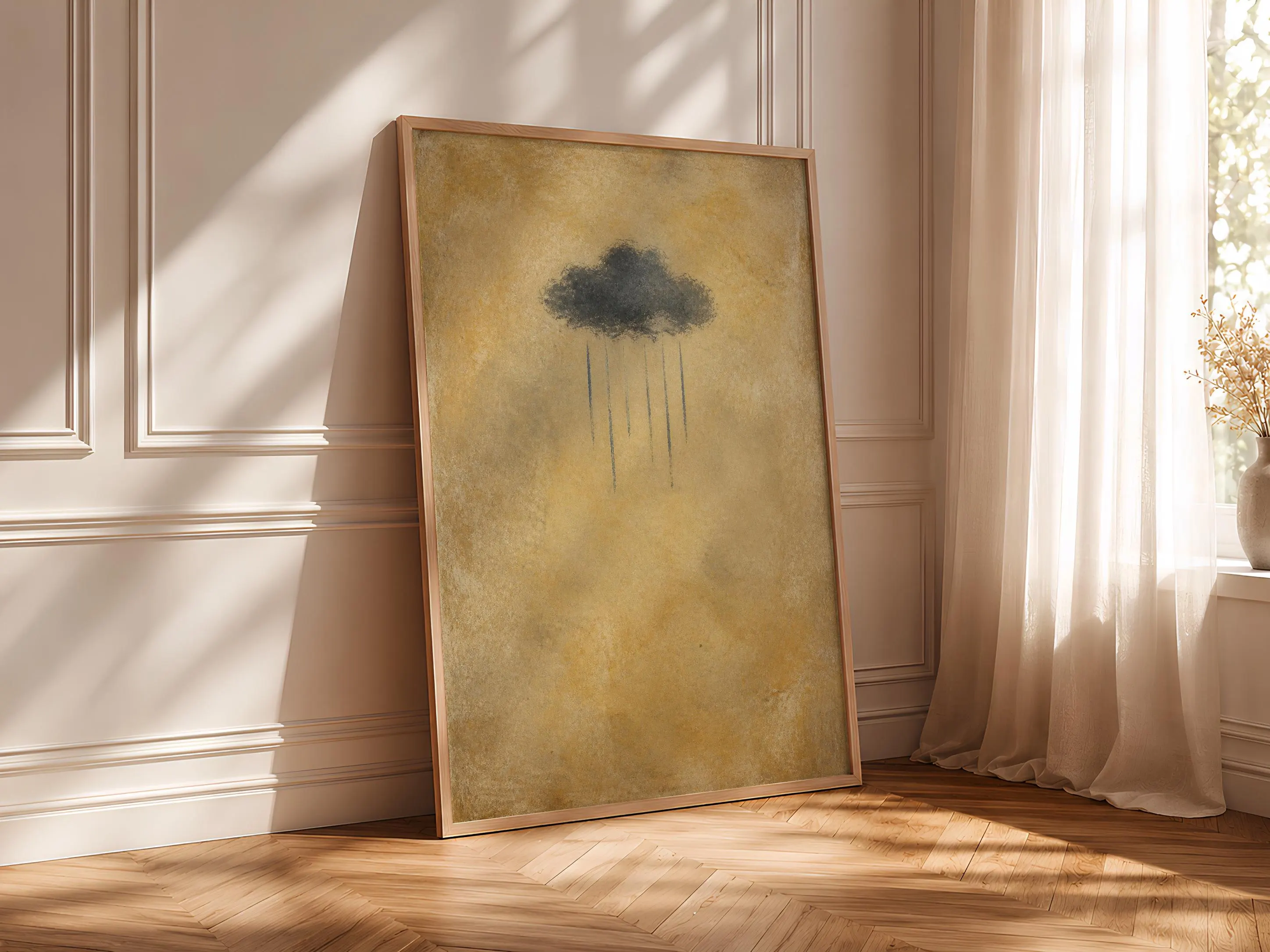 Rain Cloud Wall Art, Minimalist Storm Sky Painting, Warm Ochre Boho Print – Calm Wall Art by Artsify thumbnail 4