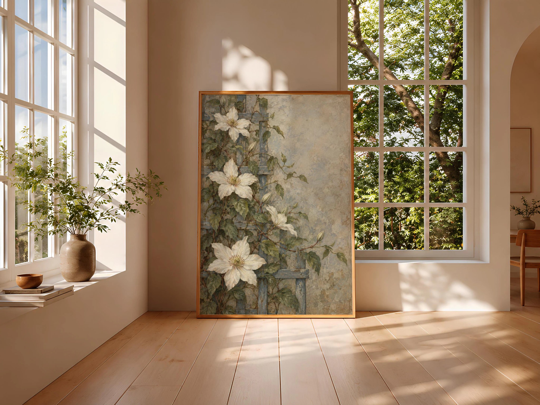 White Clematis Wall Art, Arts and Crafts Floral Painting, Blue Sage Decor – Calm Wall Art by Artsify thumbnail 3