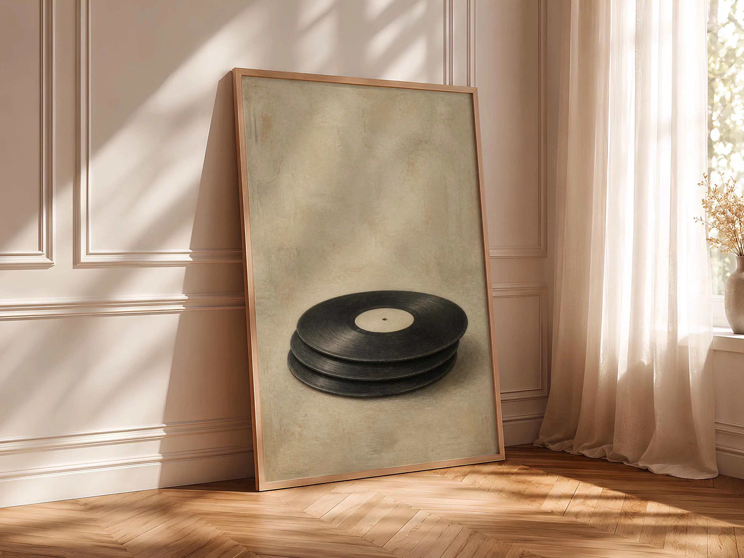 Stacked Vinyl Records Print, Limestone Minimalist Music Art, Retro Album Poster, Housewarming Gift – Calm Wall Art by Artsify thumbnail 4