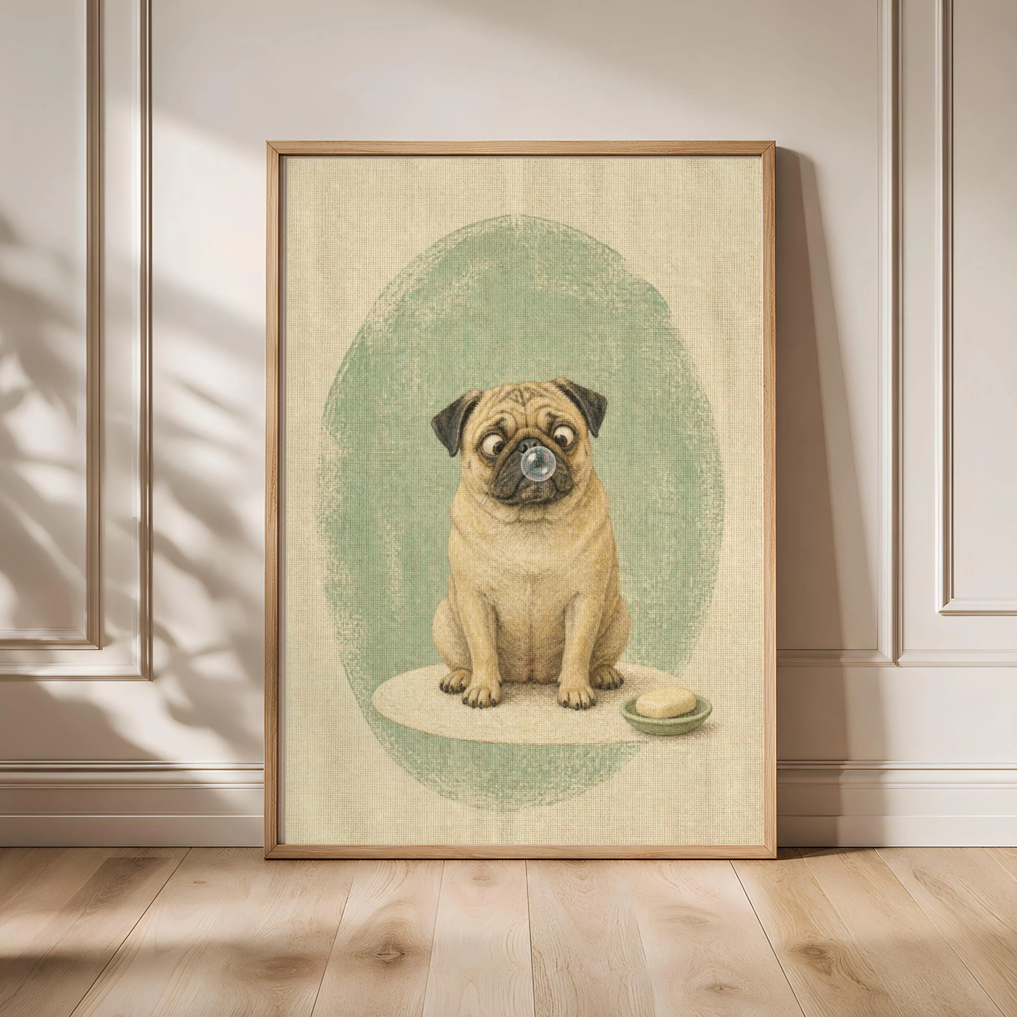 Funny Pug Bathroom Art, Soap Bubble Dog, Minimalist Pet Print – Calm Wall Art by Artsify