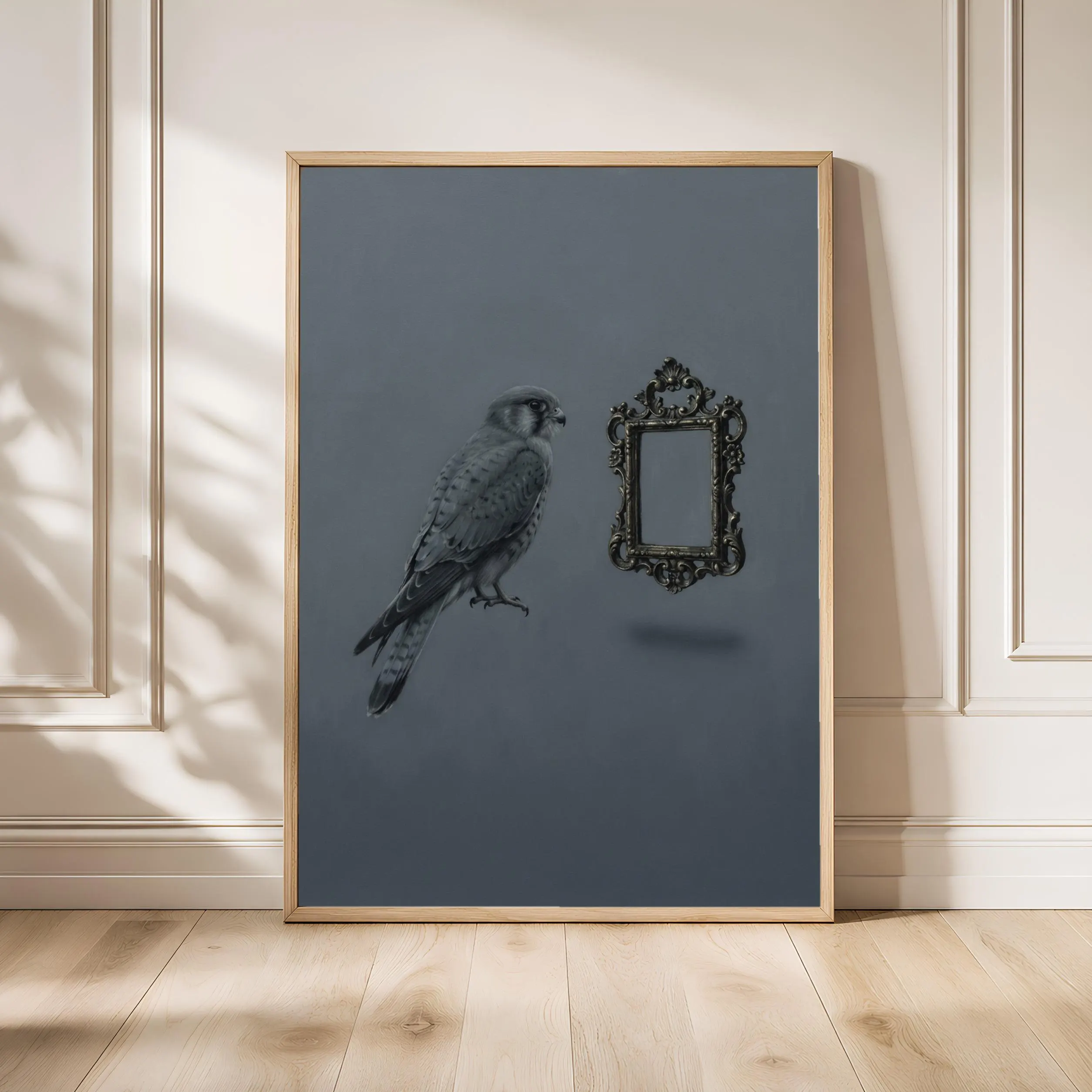 Surreal Kestrel Wall Art Print, Floating Mirror Poster, Grey Bird Decor, Minimalist Surreal Art, Housewarming Gift – Calm Wall Art by Artsify